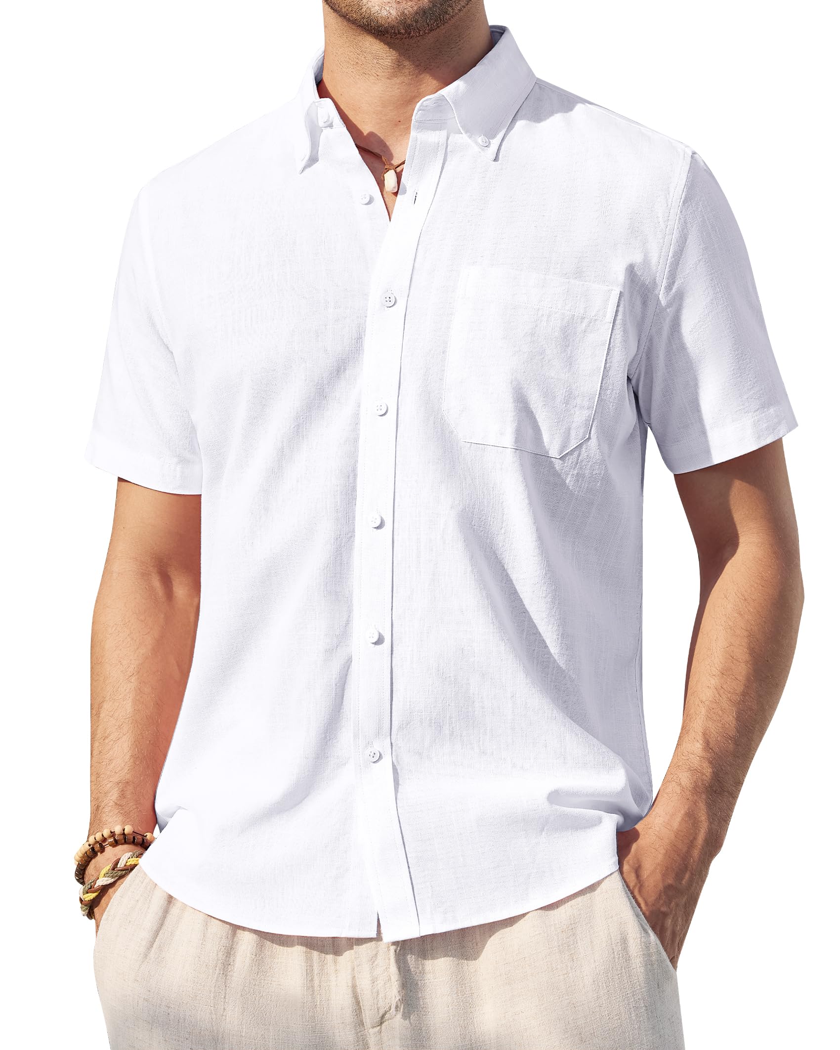 Men's Linen Shirt Short Sleeve - Breathable Cotton Button Down Casual Shirt with Collar | Perfect for Summer, Beach, Travel & Outdoor Activities