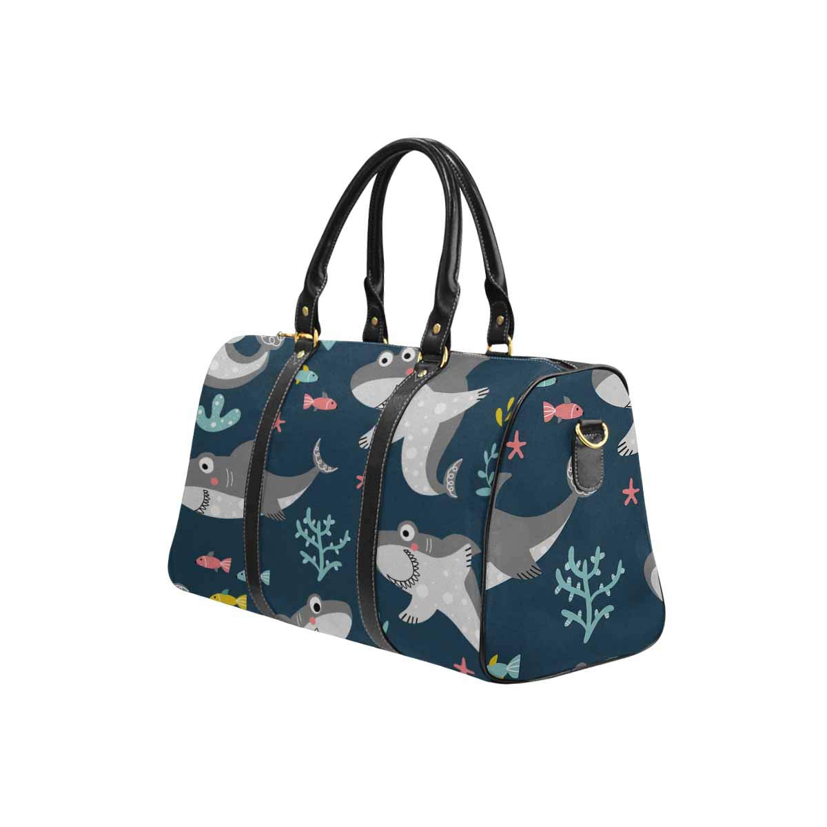 INTERESTPRINT Friendly Smiling Sharks & Fish Waterproof Travel Bag - Sports Duffel Tote Overnight Gym Bag for Swimming, Beach Trips & Weekend Getaways