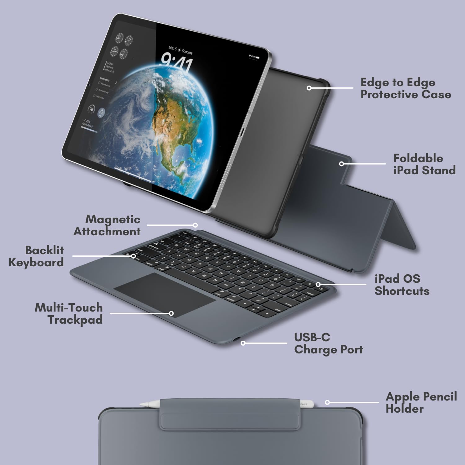 Macally iPad Air 11 Inch Case with Backlit Keyboard (M2, 2024) | iPad Pro 11 Case with Detachable Keyboard (2022/2021/2020/2018 Models) - Slim Protective Cover with Large Trackpad, Multi-Angle Stand & Apple Pencil Holder - Perfect for Work, Study & Travel