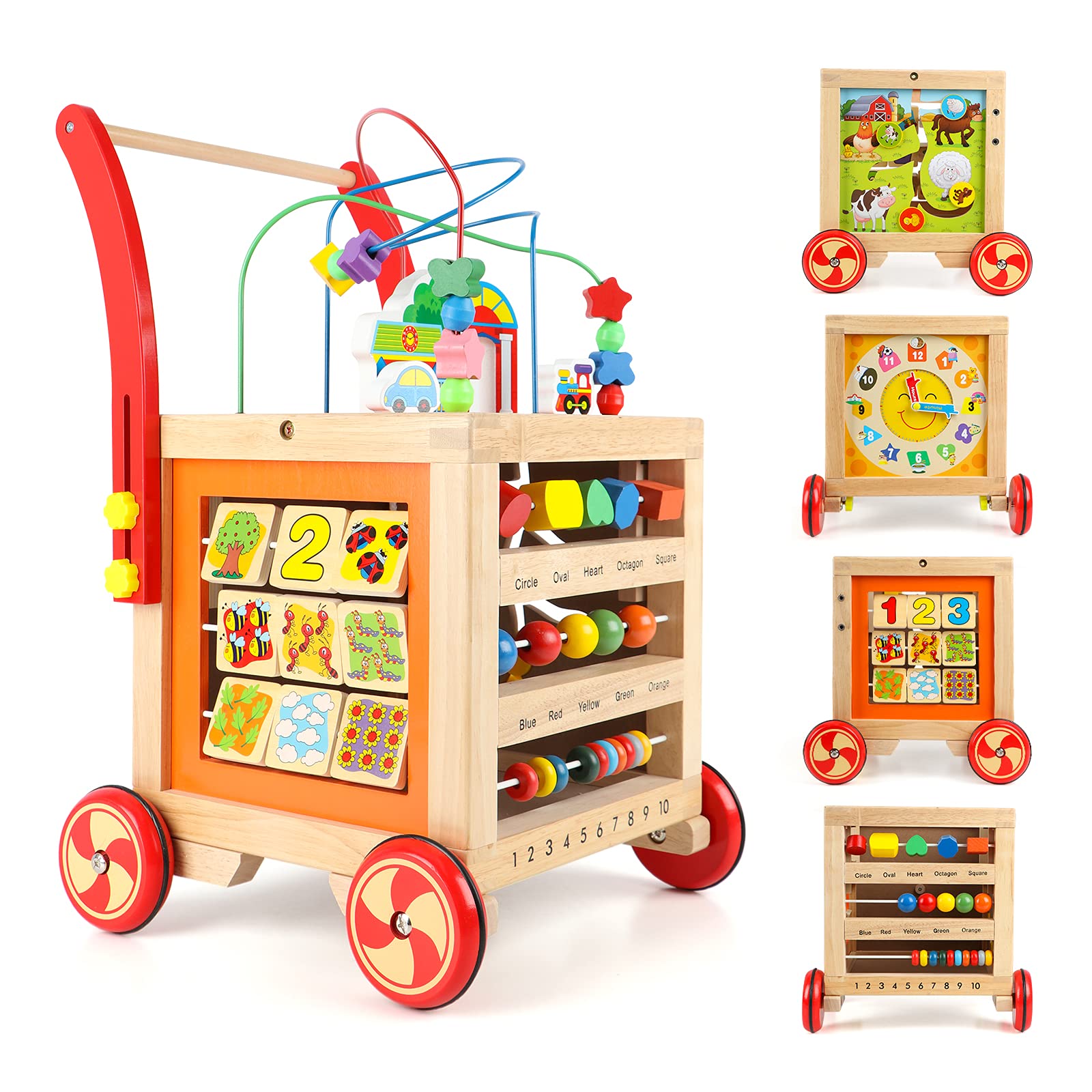 Gemileo Wooden Activity Cube & Push Walker - Educational Baby Toy for 1-2 Year Old Boys & Girls | Developmental Learning Toy with Bead Maze for 12-18 Months | Perfect First Birthday Gift & Toddler Playtime Activity