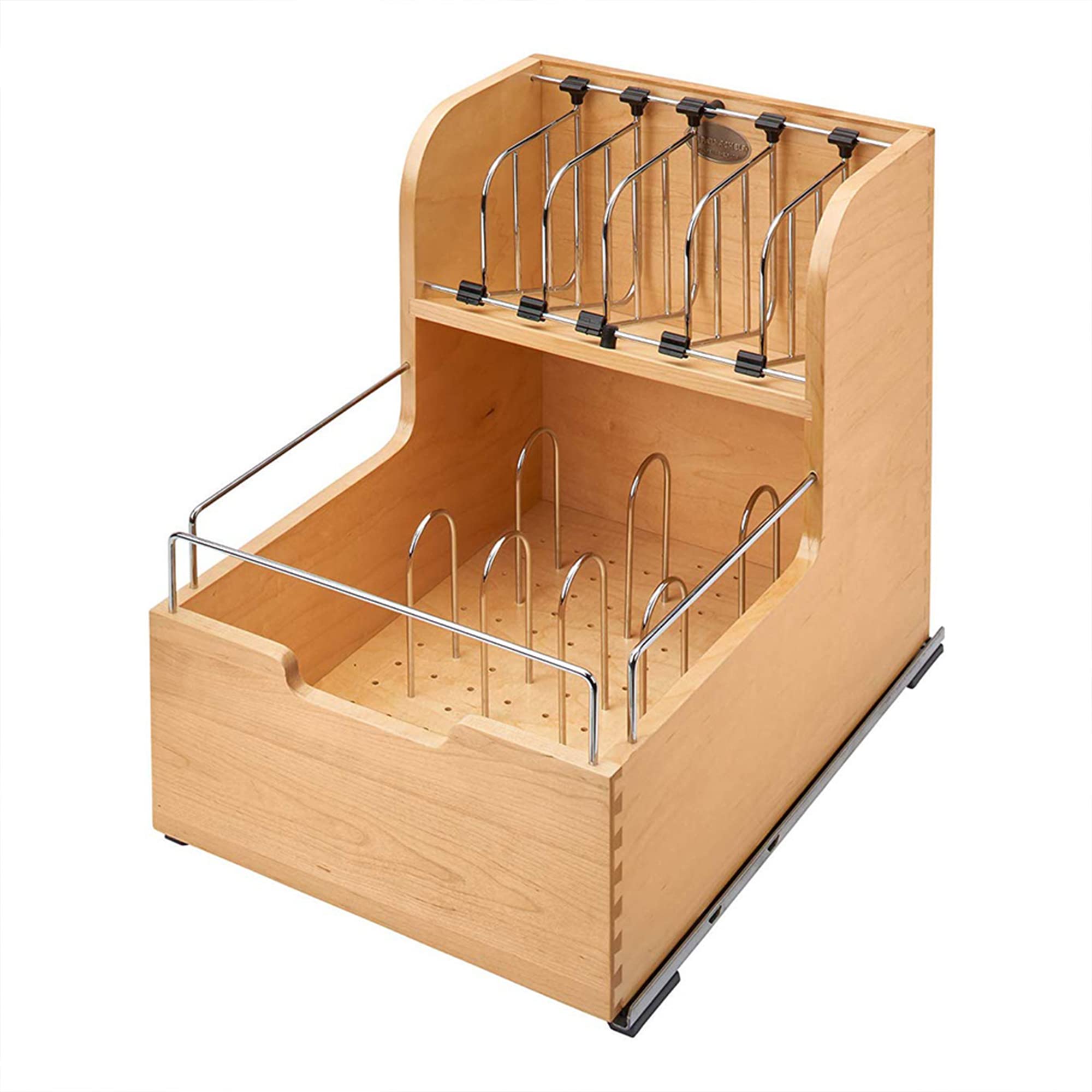 Rev-A-Shelf 18-Inch Divided Wooden Storage Bin with Soft-Close - Kitchen & Bathroom Cabinet Organizer for Food Containers, Utensils & More | Perfect for Pantry, Under-Sink & Closet Organization