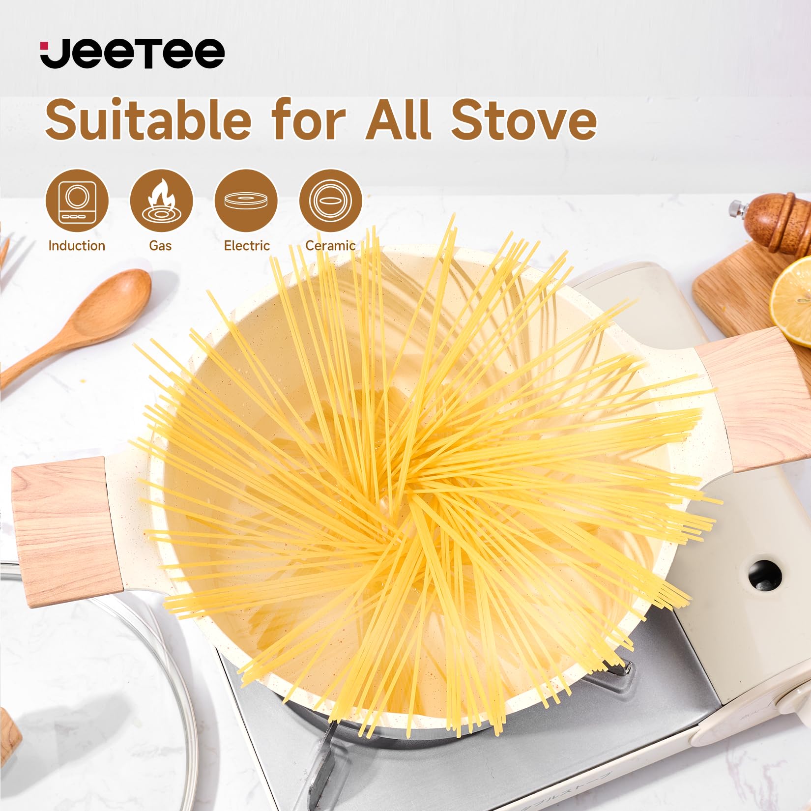 JEETEE 15-Piece Non-Stick Granite Induction Cookware Set - PFOA & PFOS Free - Perfect for Gas, Electric & Induction Stoves - Ideal for Frying, Sautéing & Everyday Cooking