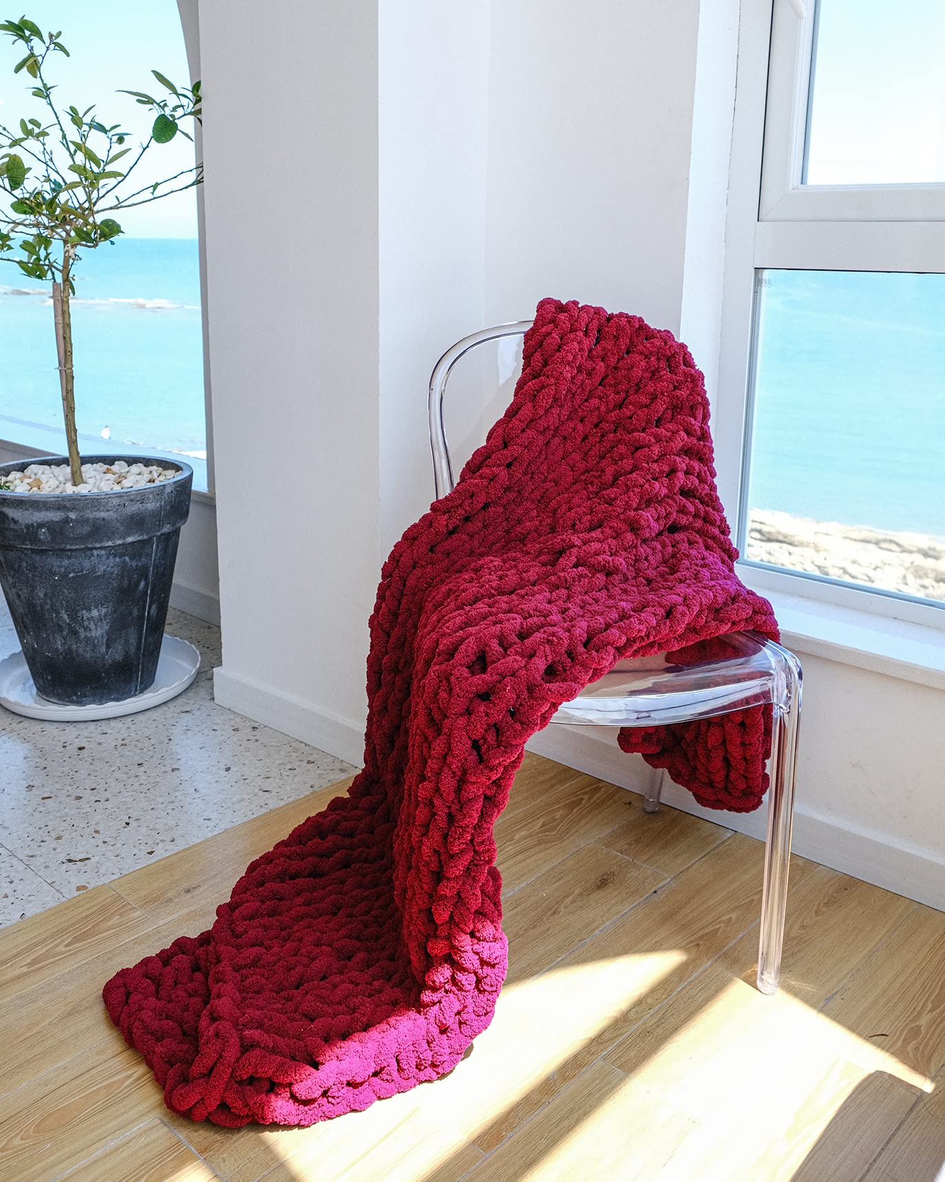 Alzoear Chunky Knit Throw Blanket - Chenille Handmade Cozy Warm Blanket for Sofa, Bedroom & Home Decor (Red Wine, 50