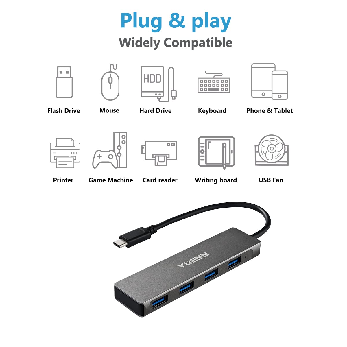 Premium USB-C 4-Port Hub with USB 3.0 - Aluminum USB-C Adapter for Laptop, Tablet & Phone - Thunderbolt 3 Compatible for MacBook, Windows PC, Android - Ideal for Office, Travel & Home Workspace