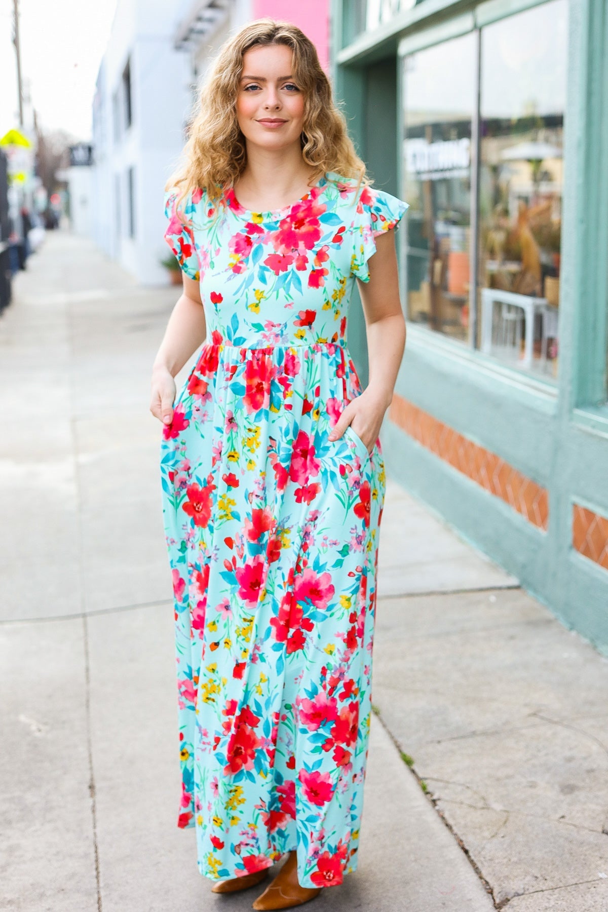 Aqua Floral Fit & Flare Maxi Dress for Women - Summer Beach Wedding Party Dress - Flowy Long Dress with V-Neck & Ruffle Hem