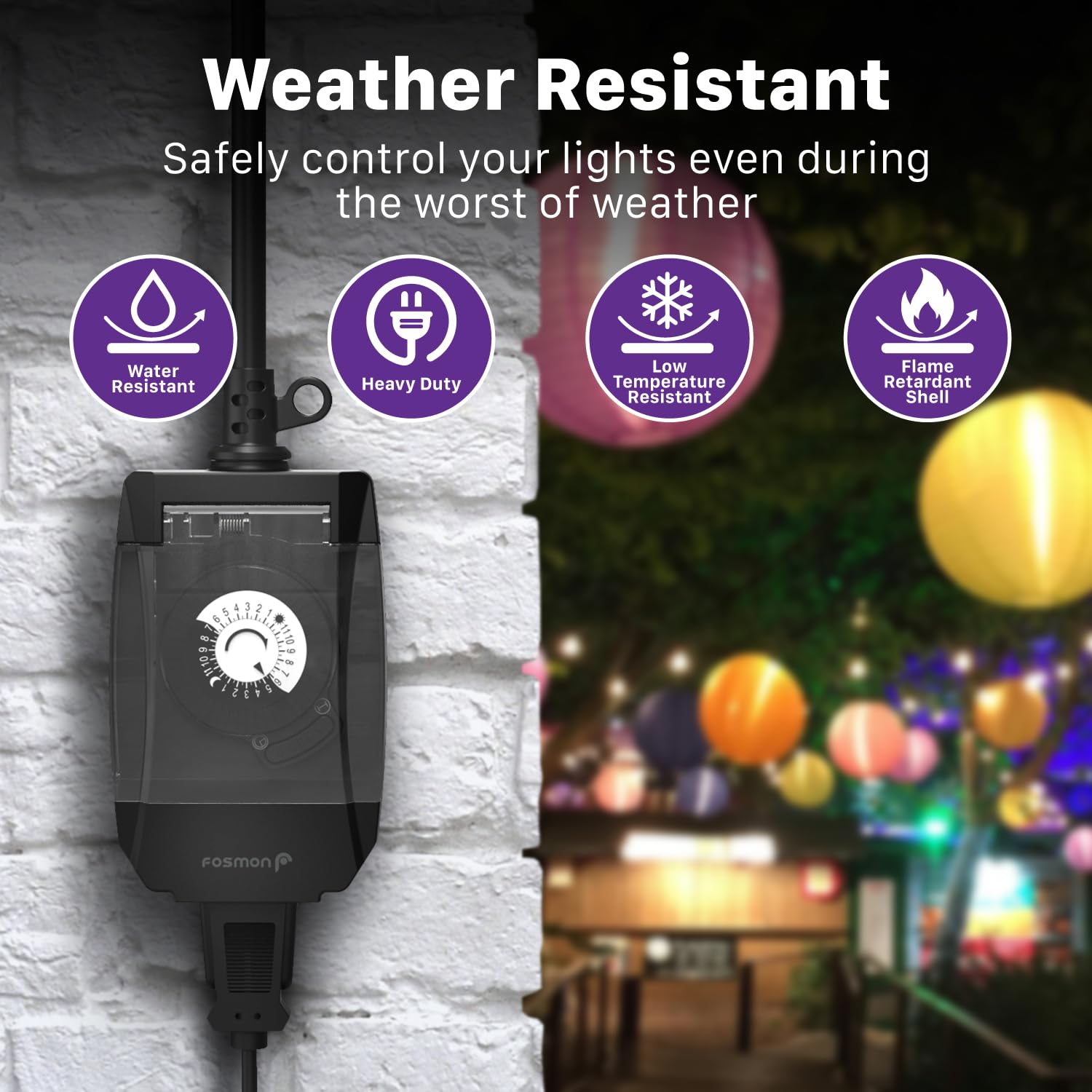 Fosmon Outdoor Light Timer Outlet - Waterproof 24-Hour Mechanical Pool Pump Timer, Heavy Duty 15A 1/2HP, 3-Prong Grounded Plug for Outdoor Lighting, Pools & Garden Equipment | Weatherproof & Durable for Patio, Backyard & Landscape Use