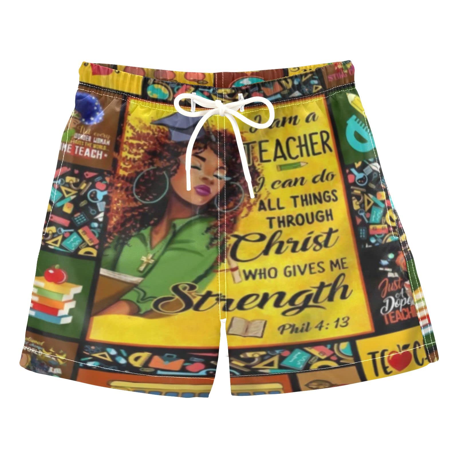 AMICHIC Boys' Quick-Dry Swim Trunks for Toddlers & Kids 2-8 Years - Black Teacher-Themed Bathing Suits for Pool, Beach & Water Play