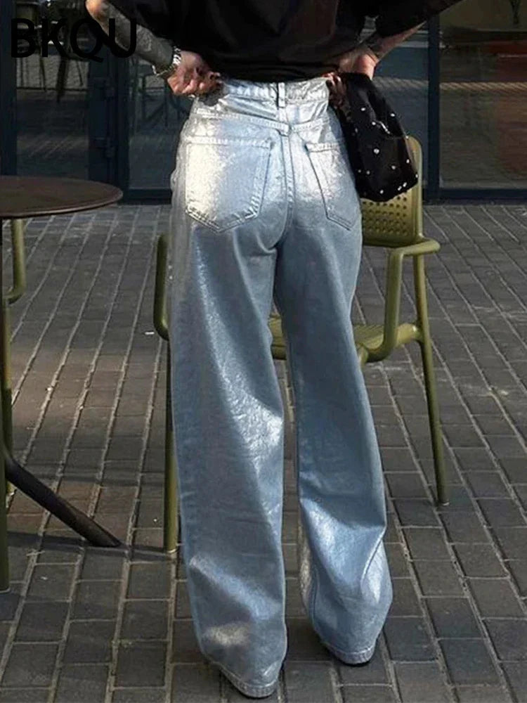 BKQU Women's High Waist Wide Leg Jeans - American Silver Metallic Shiny Straight Baggy Denim Pants for Summer | Chic Casual Outfit for Streetwear, Work & Date Night