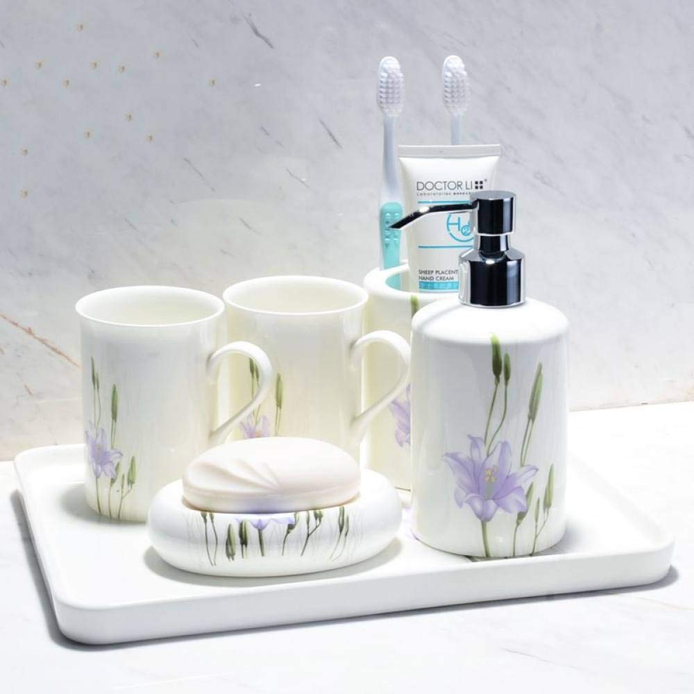 Vintage Ceramic Bathroom Accessories Set - 6 Piece Purple Lily Flower Decor with Soap Dispenser, Toothbrush Holder, Soap Dish & More | Elegant Vanity Tray & Washing Cups for Modern Bathroom Decor | Perfect for Home, Apartment & Guest Bathroom Organization