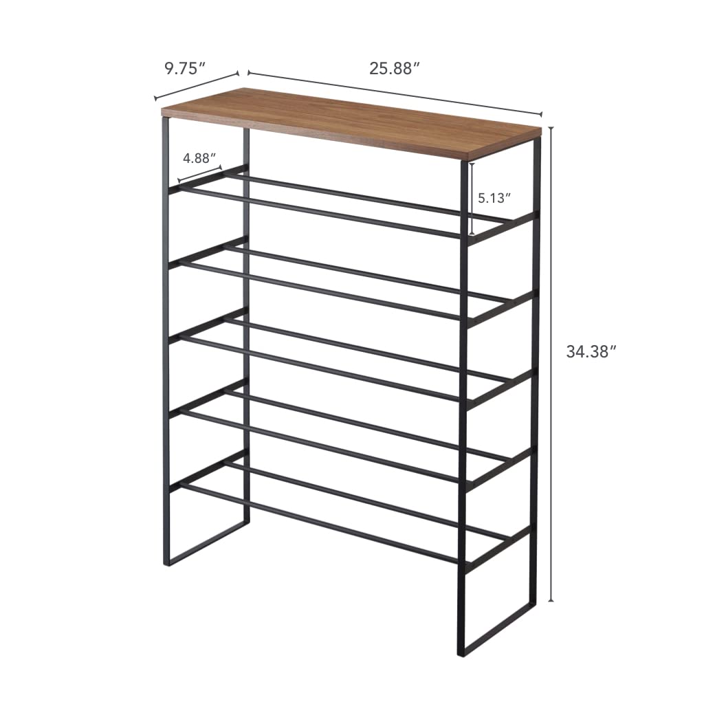 Yamazaki Home 6-Tier Wood Top Shoe Rack with Steel Frame - Black | Space-Saving Shoe Organizer for Entryway, Closet & Bedroom Storage