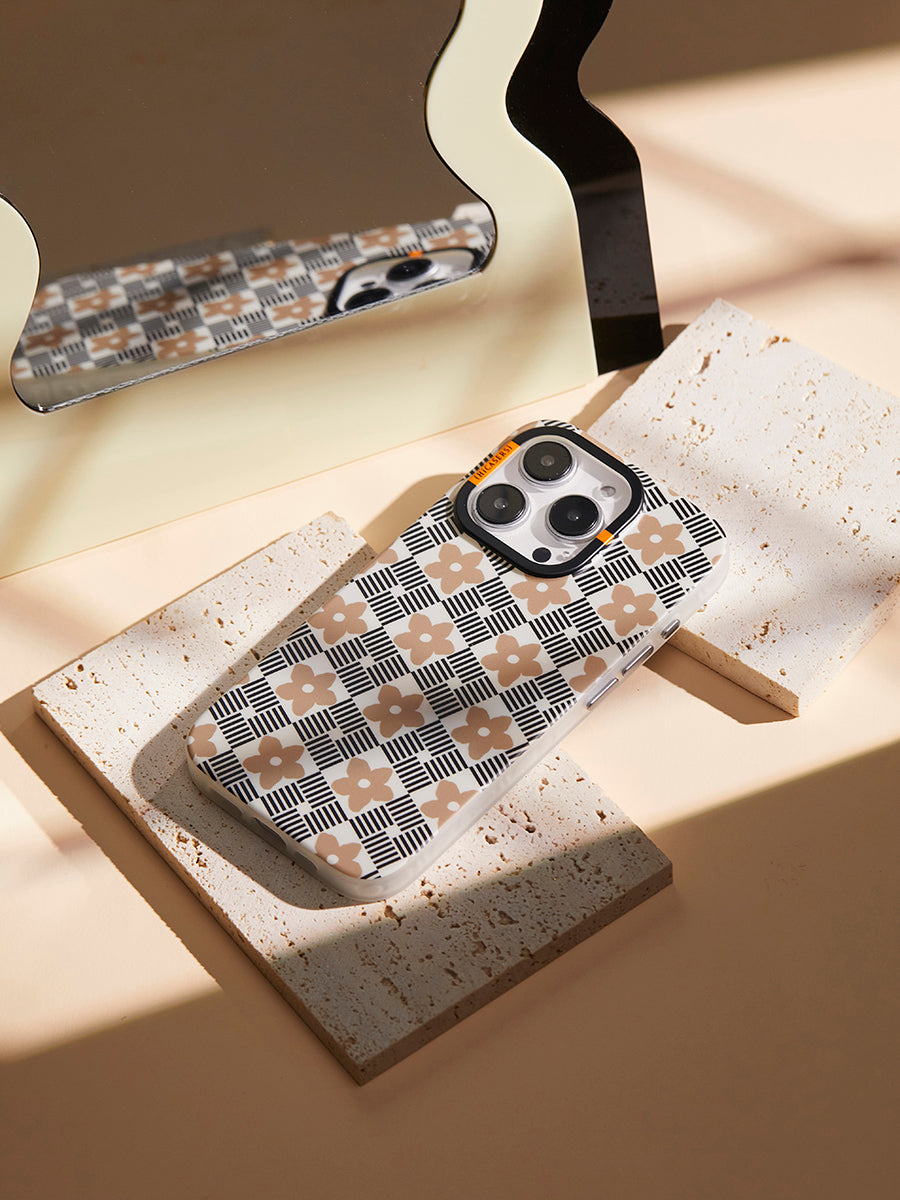 Stylish Windowpane & Blossoms Phone Case in Pale Brown - Perfect for Everyday Use, Work & Travel