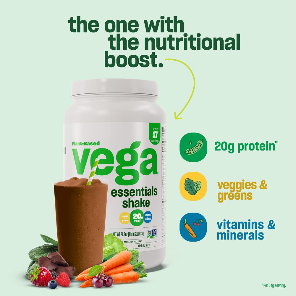 Vega Essentials Plant-Based Protein Powder, Chocolate Flavor - Vegan, Keto, Low Carb, Dairy-Free, Gluten-Free Pea Protein with Superfoods, Vitamins & Antioxidants for Men & Women, 1.4 lb (Packaging May Vary) - Perfect for Post-Workout Recovery, Smoothies & Healthy Meal Replacement