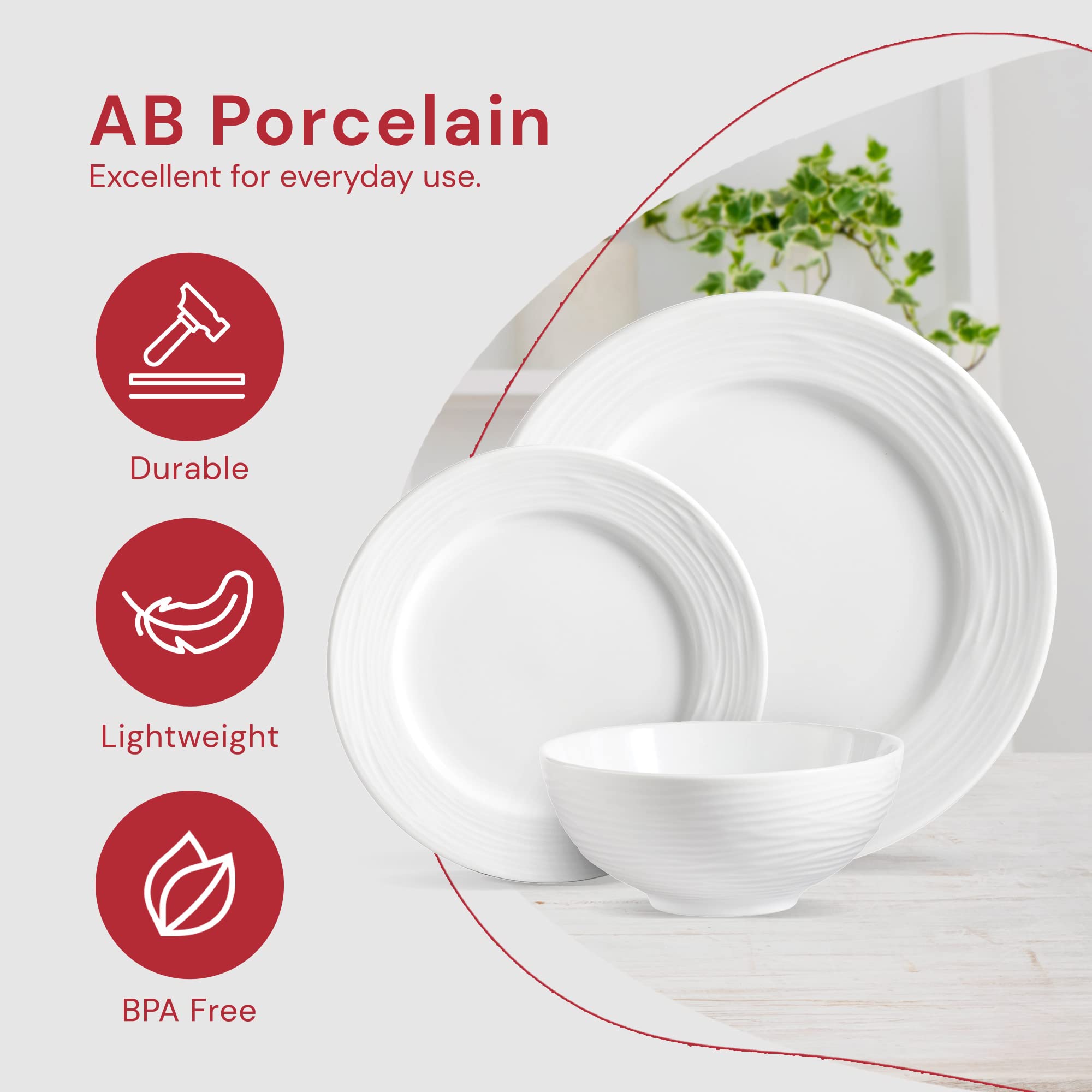 Safdie & Co. 12-Piece White Porcelain Dinnerware Set - 4 Dinner Plates, 4 Salad Plates & 4 Bowls - Dishwasher & Microwave Safe - Elegant Table Setting for Everyday Meals & Dinner Parties