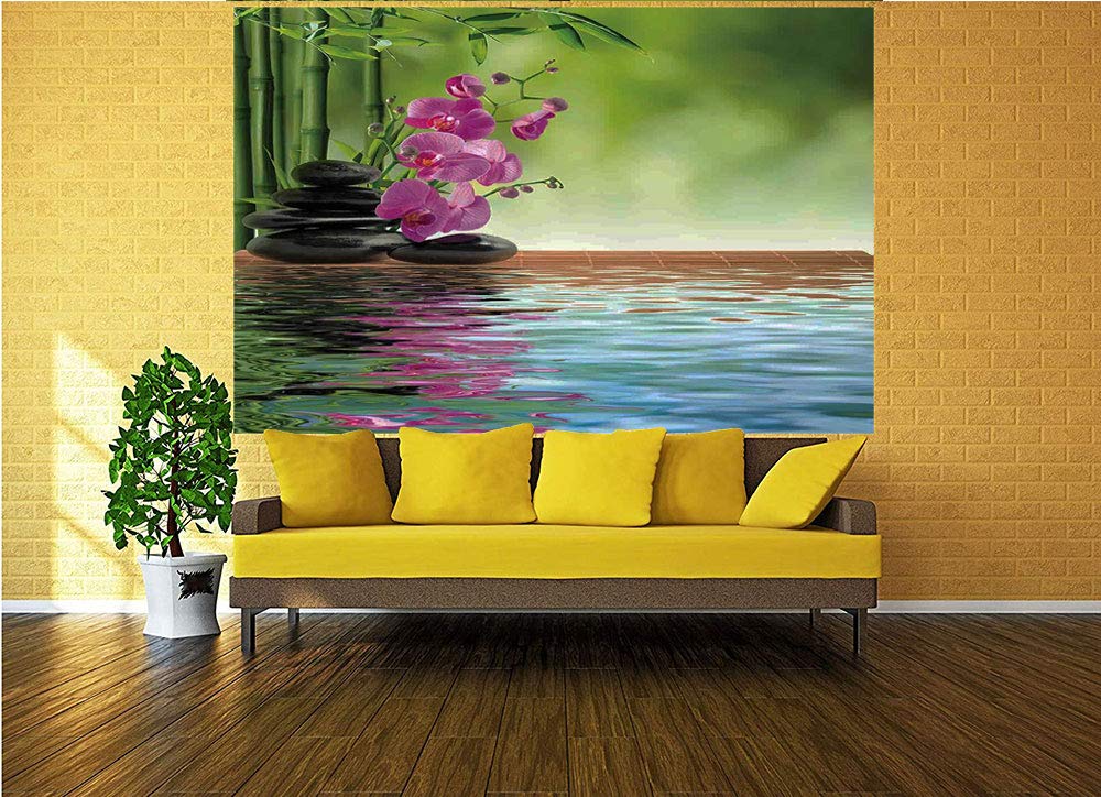 55x30 Inches Orchid Flower Stone Oriental Culture Wall Mural - Peel and Stick Self-Adhesive Wallpaper, Removable Large Wall Sticker for Home & Office Decor - Perfect for Living Room, Bedroom, Spa, Yoga Studio and Meditation Space