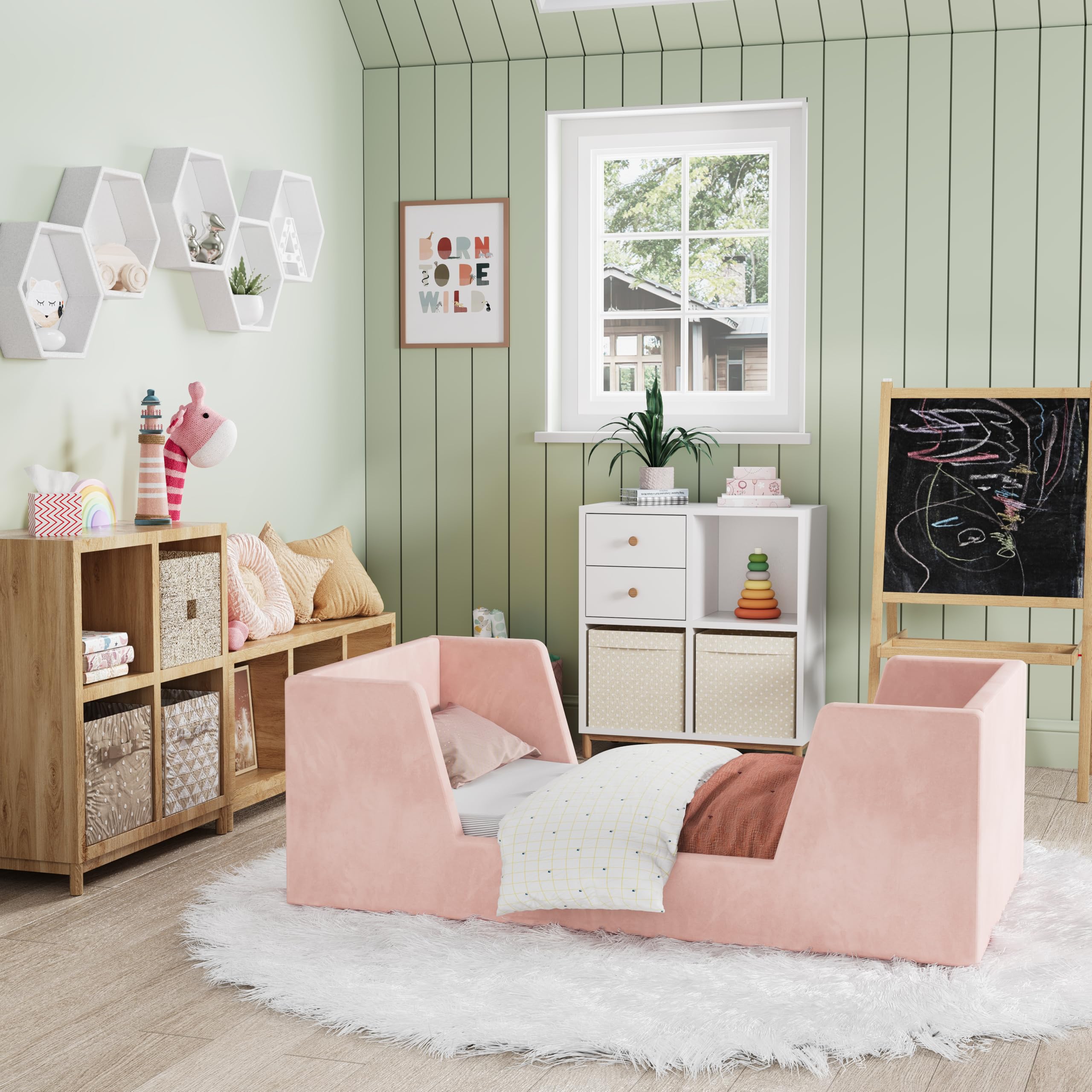 **Toddler Floor Bed with Guard Rails - Safe & Sturdy Kids Bed for Ages 2-6 Years | Standard Crib Mattress Compatible | Certified Fabric Toddler Bed for Boys & Girls | Perfect for Bedrooms, Daycare & Montessori Rooms**