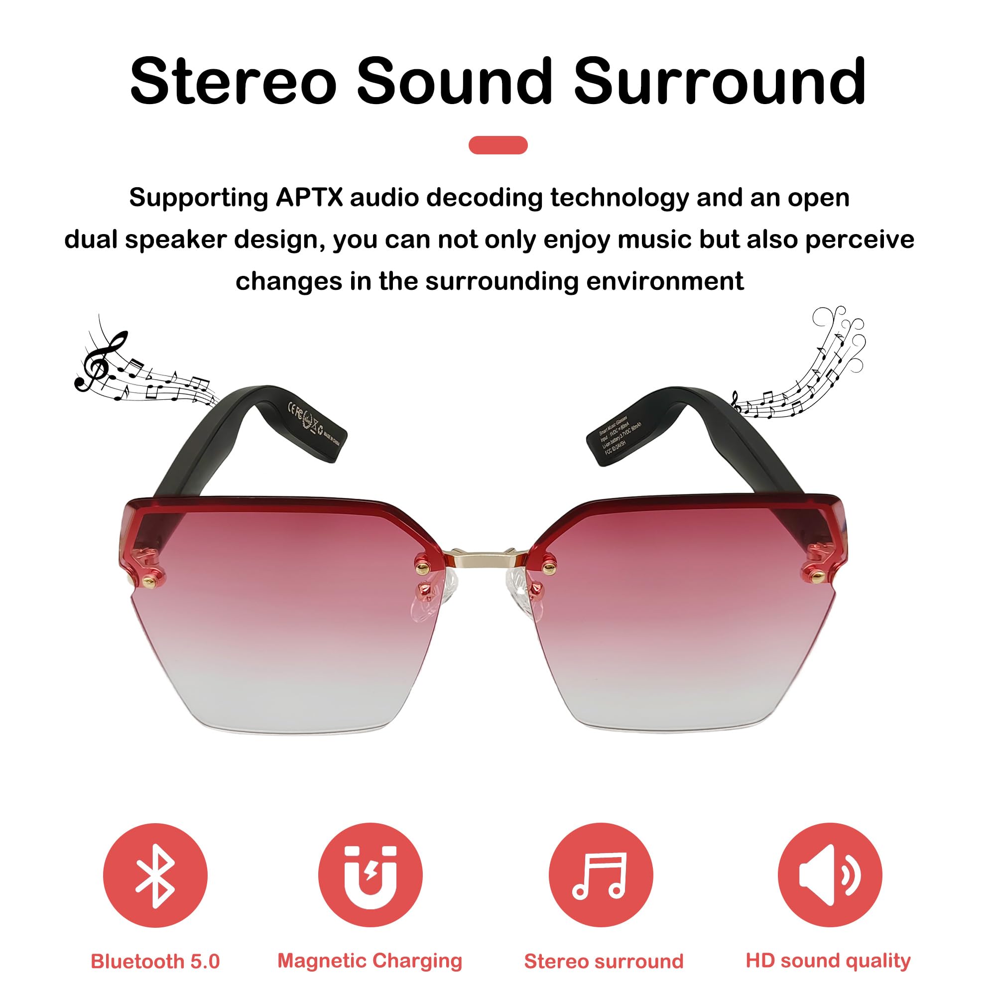 Smart Bluetooth Sunglasses for Men & Women - Frameless Design with Bluetooth 5.0, Gradient Lens & Voice Control - Compatible with All Smart Devices (Gradient Red) - Perfect for Driving, Running & Outdoor Activities