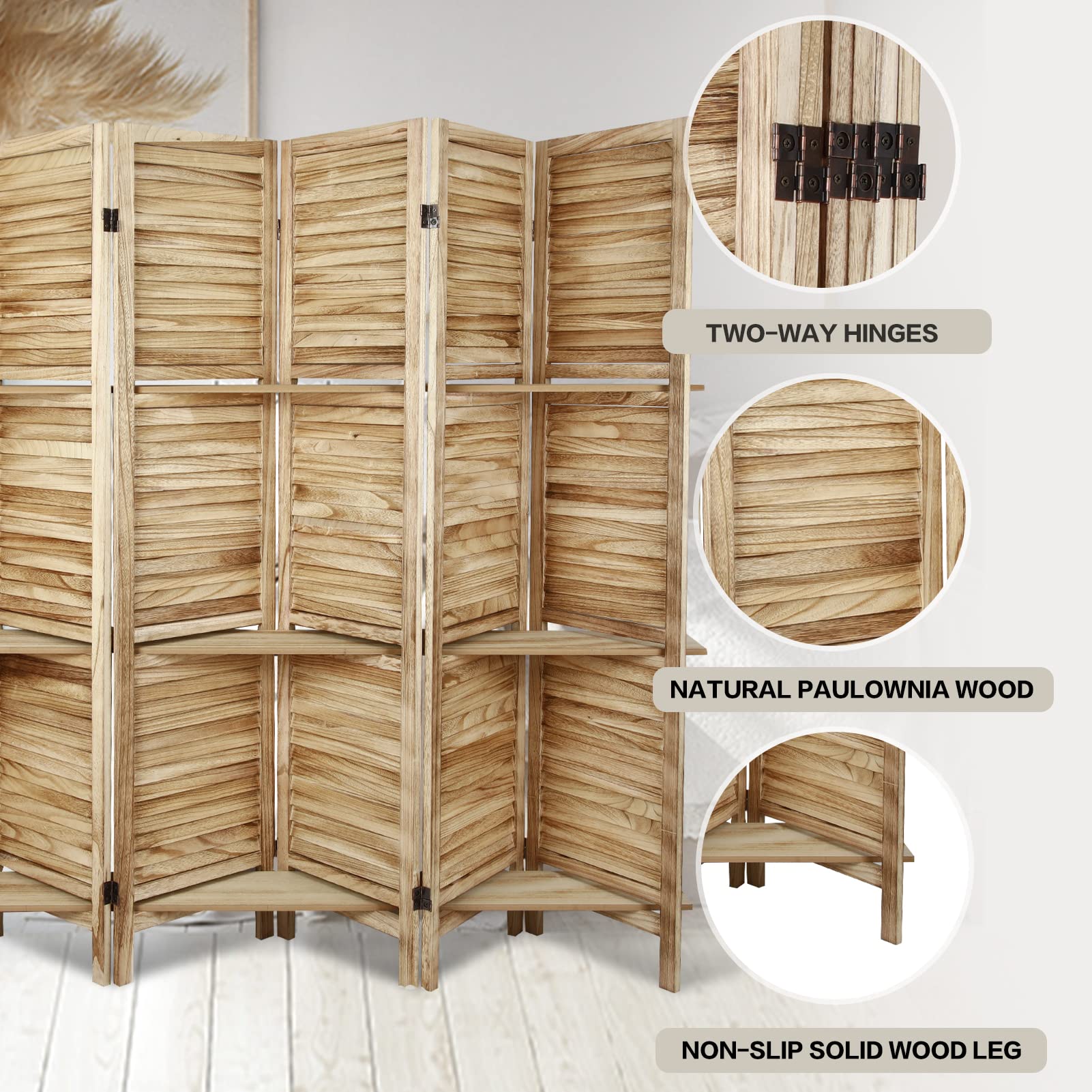 ECOMEX 6 Panel Wood Folding Room Divider Screen with Shelves - Freestanding Partition with Display Shelves, Easy to Move (Natural Color) - Perfect for Home Office, Living Room & Bedroom Privacy