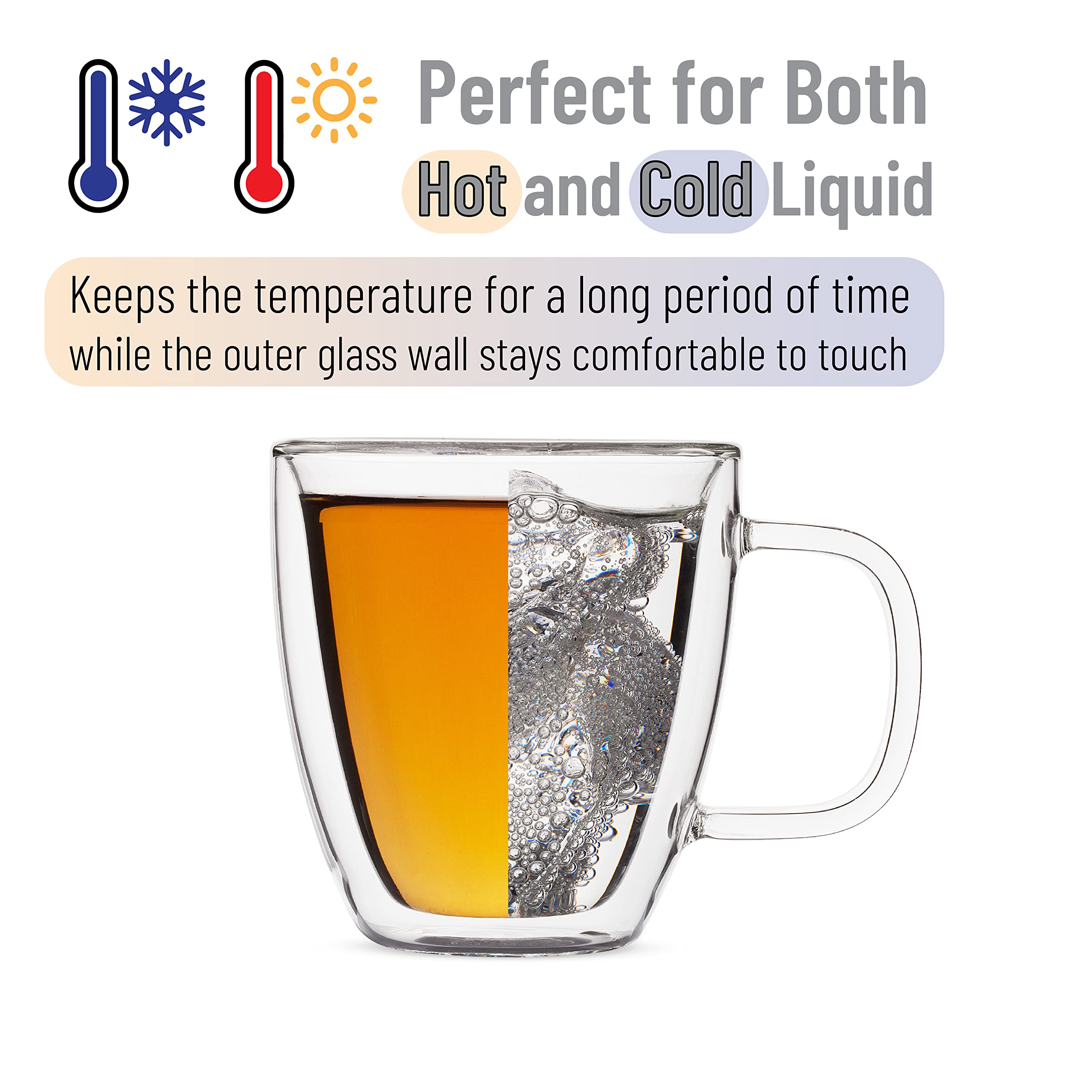 BTaT Double Wall Glass Coffee Mugs - 16 oz Insulated Clear Latte Cups (Set of 4) - Perfect for Hot & Cold Beverages, Home, Office, and Cafe Use