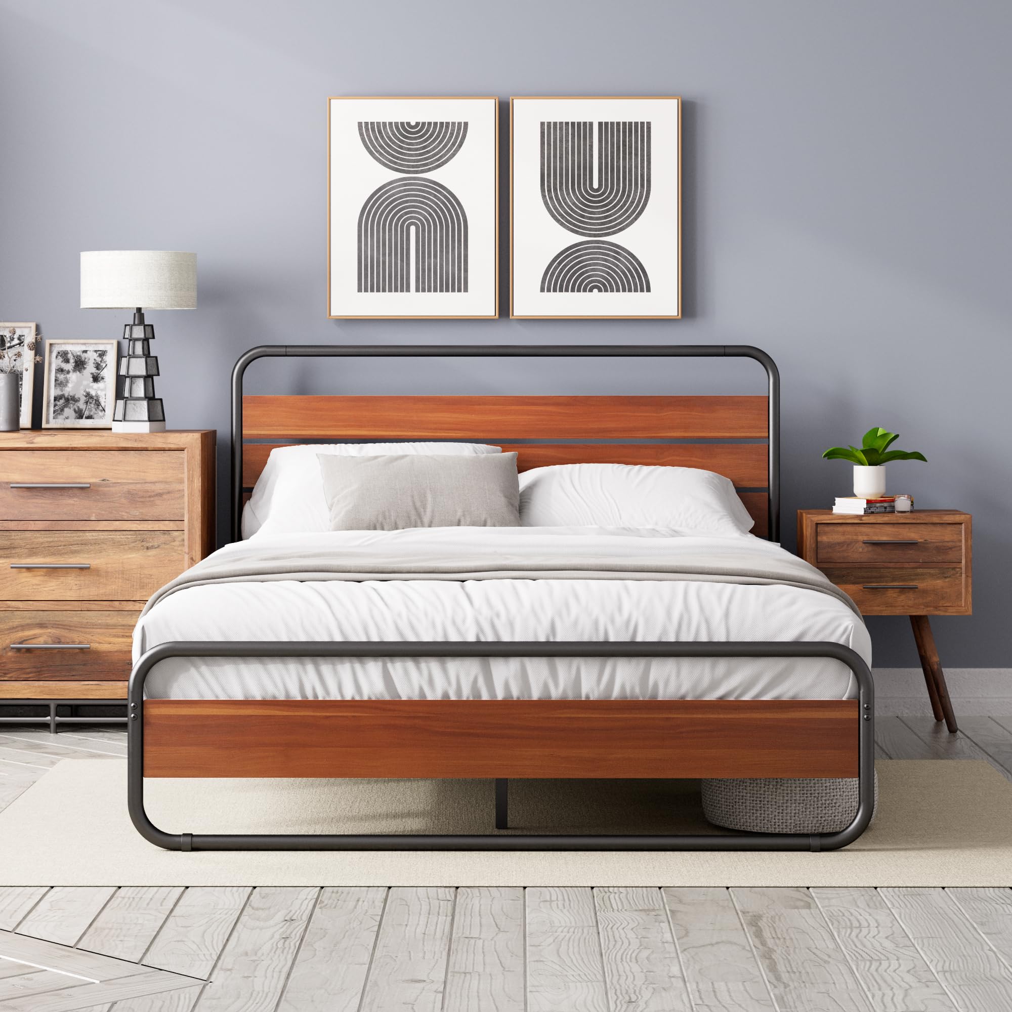 Zinus Soren 140x190cm Double Bed Frame - 31cm Height Metal & Wood Platform Bed with Headboard & Footboard in Brown | Sturdy Support for Master Bedroom, Guest Room & Dormitory