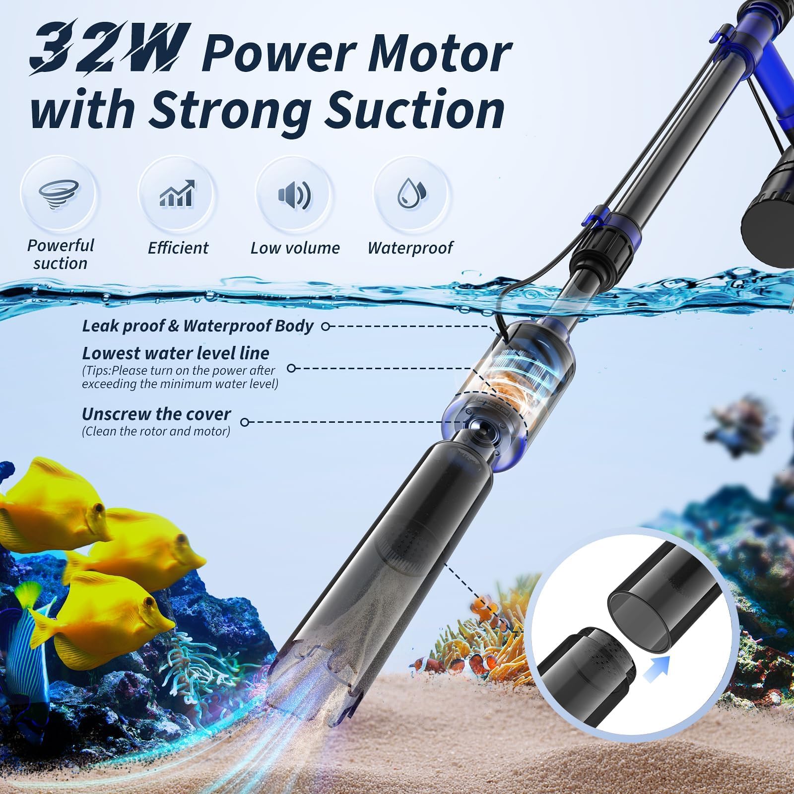 Electric Aquarium Gravel Cleaner Vacuum - 530GPH/32W Powerful Fish Tank Cleaner with Adjustable Water Flow, Complete Aquarium Cleaning Kit for Water Changing & Sand Washing - Perfect for Freshwater & Saltwater Tanks