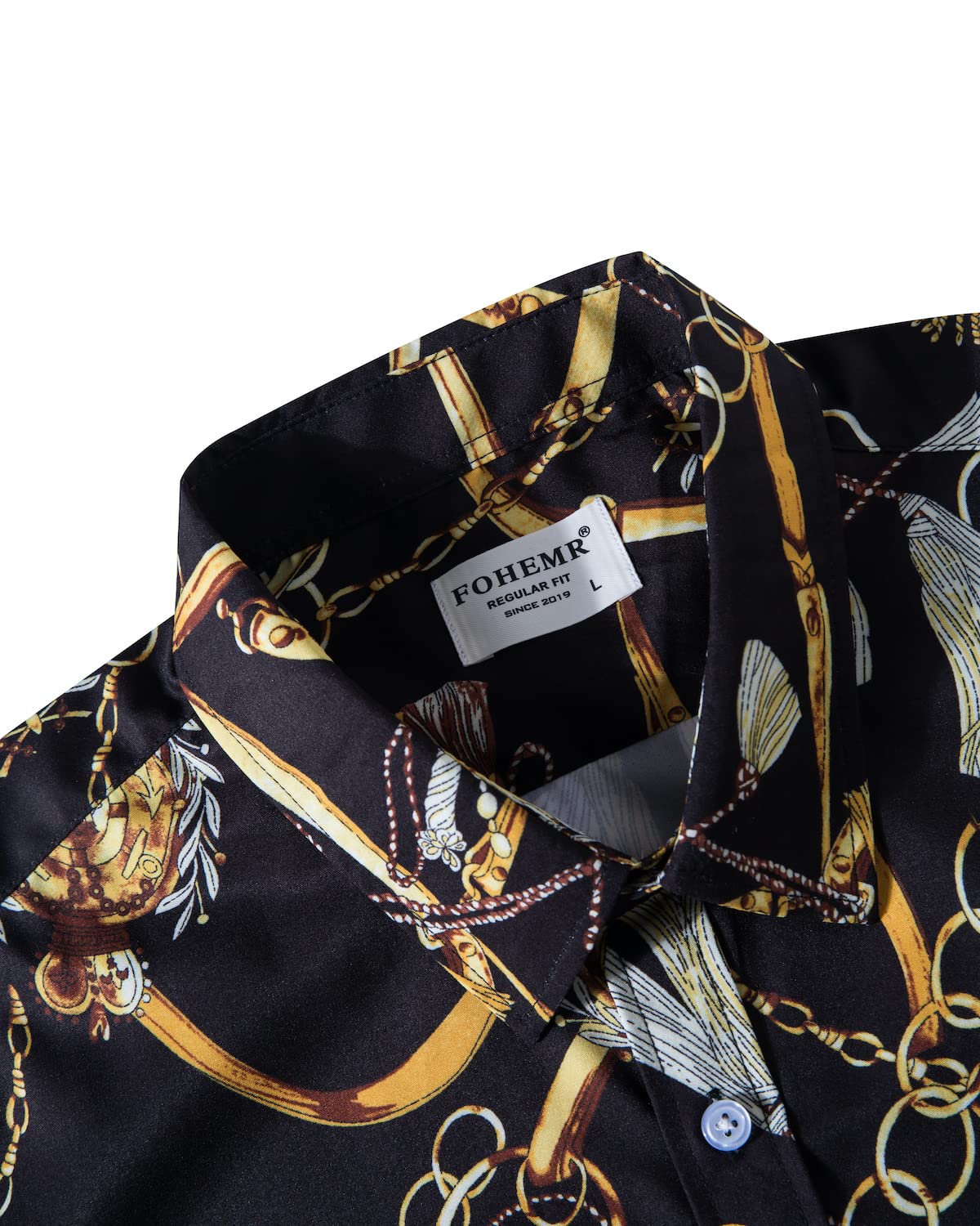 Luxury Men's Black Gold Baroque Chain Print Short Sleeve Dress Shirt - Formal & Casual Button Down Shirt for Office, Party, and Special Occasions