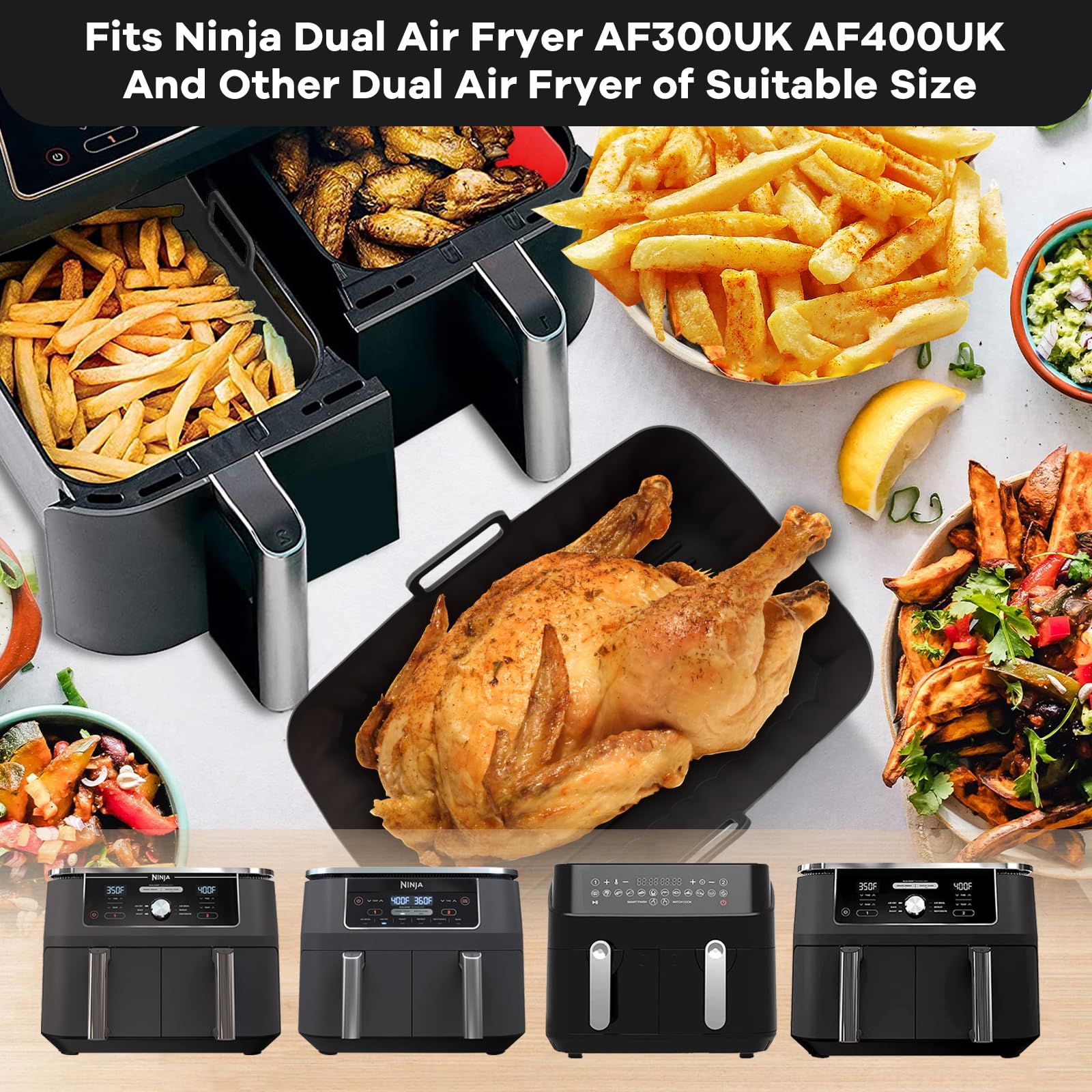 2Pcs Reusable Silicone Air Fryer Liners for Ninja Dual AF400UK AF300UK SL400UK Tower, Cookwise Instant Vortex, MONCOOK 7.6-9.5L - Non-Stick Baking Accessories for Healthy Frying & Easy Cleanup