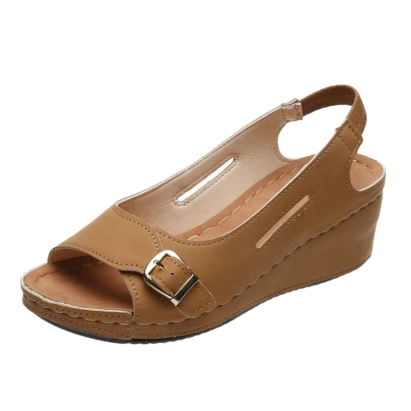 POTTON Women's Plus Size Wedge Slide Sandals - Khaki Summer Wedge Heel Sandals Size 7 | Comfortable Casual Beach & Outdoor Wear