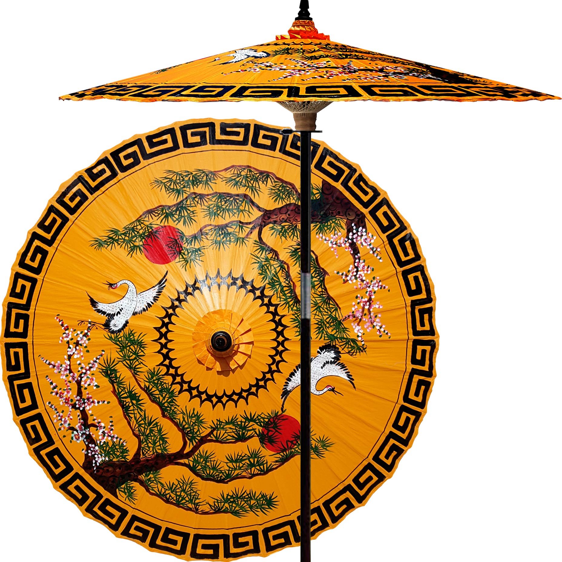 7ft Hand-Painted Patio Umbrella with Bamboo Frame & Hardwood Pole - Dual-Height Adjustable Outdoor Umbrella for Garden, Pool, Beach - Includes Carry Bag (Mirrored Cranes Design) - Perfect for Backyard, Resort, and Outdoor Dining