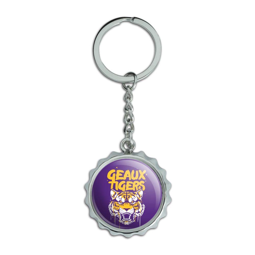 Geaux Tigers Graffiti Keychain - Chrome Plated Metal Bottle Opener with Pop Cap - Perfect for LSU Fans, Gifts, Parties & Tailgating