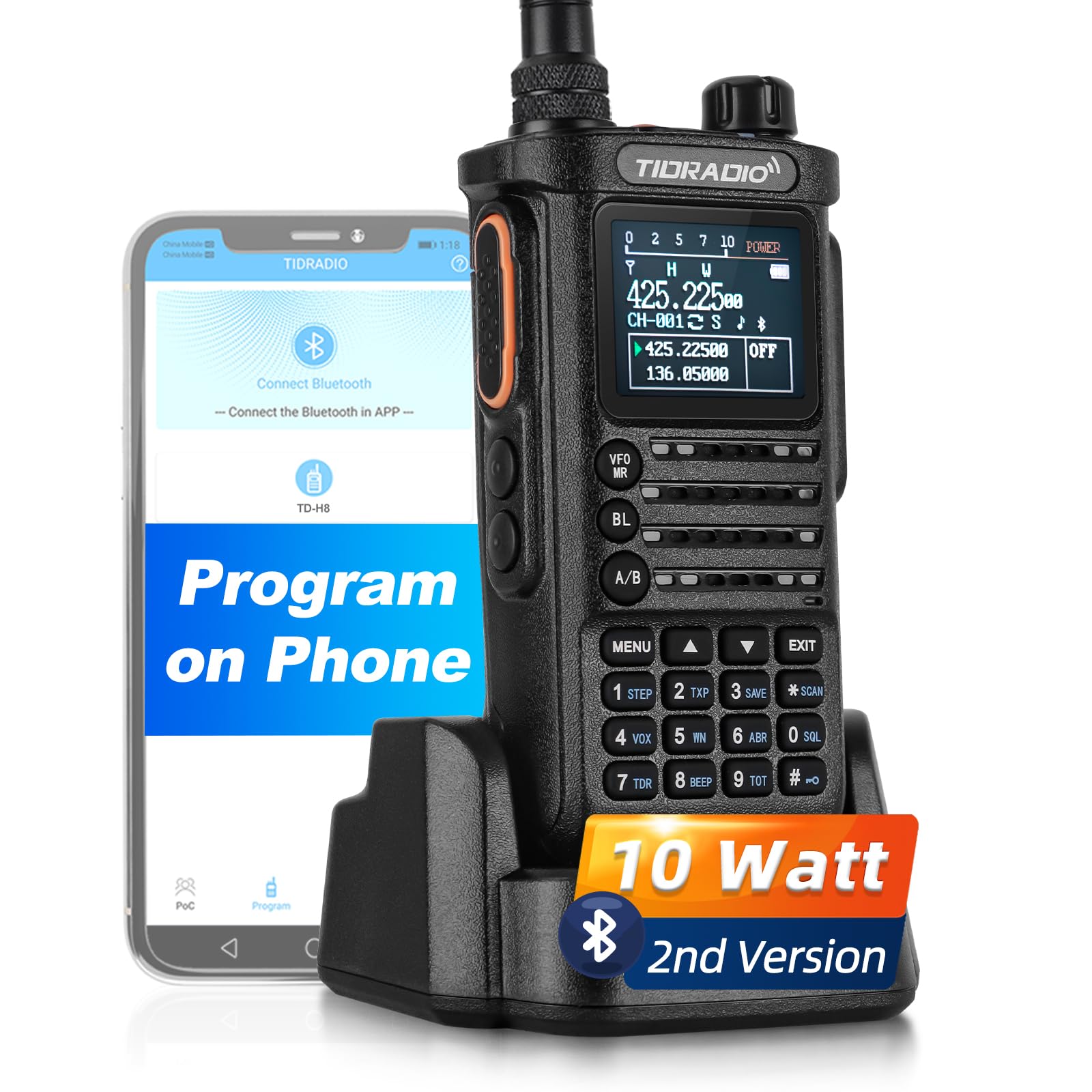 TIDRADIO TD-H8 10Watt Ham Radio with 2500mAh Battery | Handheld Walkie Talkie for Camping, Hunting & Security | Wireless Programming & Repeater List | Survival Gear & Emergency Communication (2nd Generation)