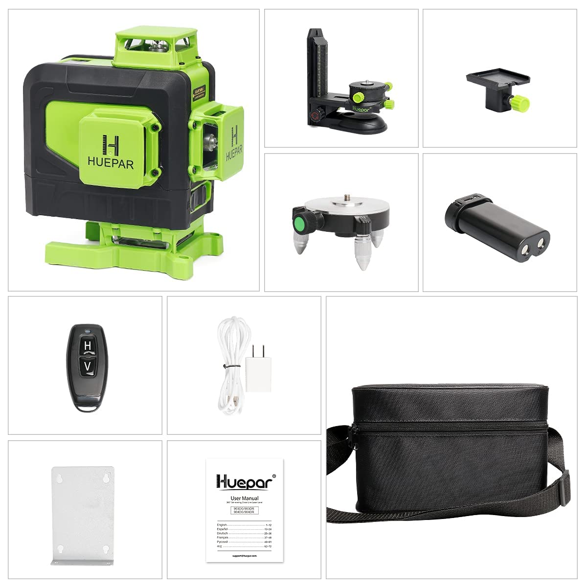 Huepar 904DG 4D Self-Leveling Laser Level with Remote Control - 16 Green Beam Lines, 4x360° Coverage, Magnetic Bracket & Li-ion Battery - Perfect for Floor Tiling, Wall Alignment, and Construction Layouts