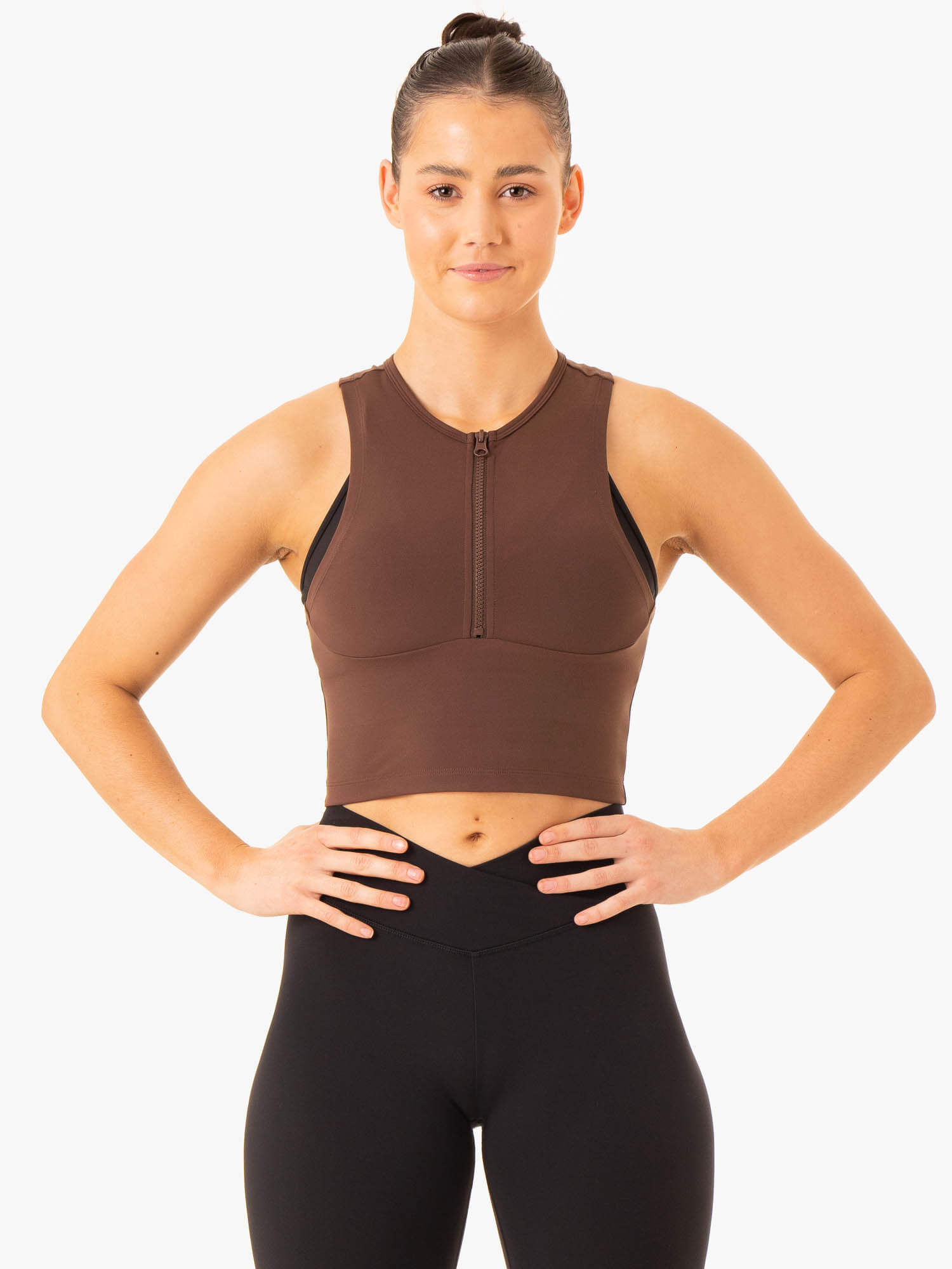 Embody Zip Up Crop Hoodie - Women's Chocolate Brown Pullover Sweatshirt for Casual Wear & Street Style