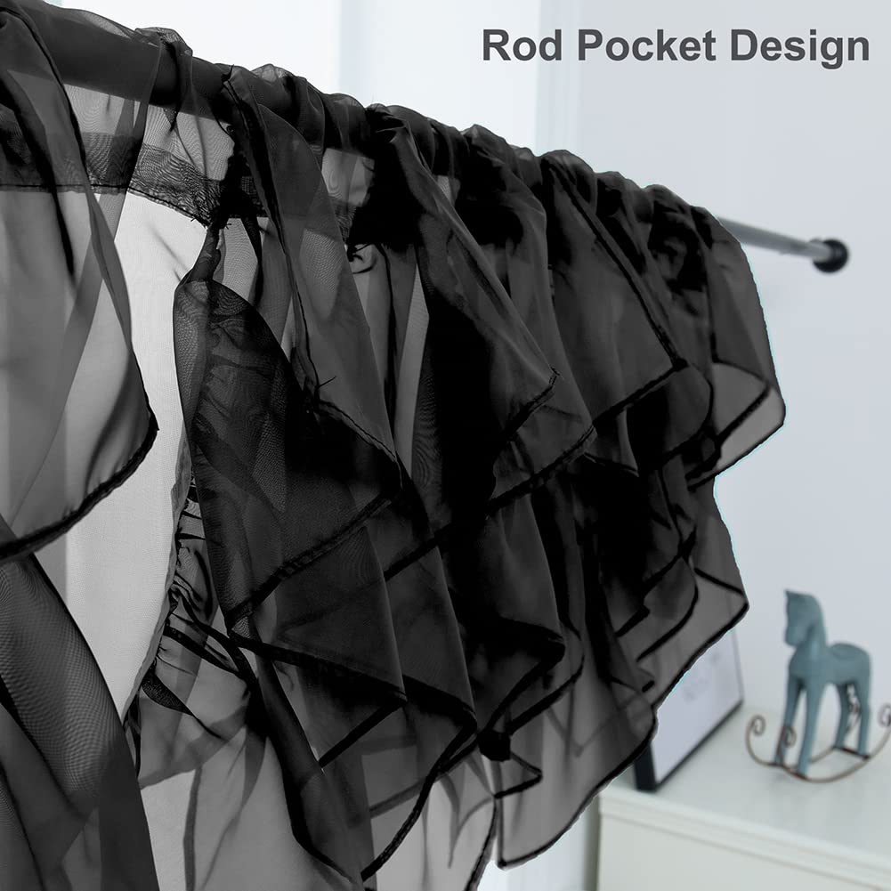 PearAge Ruffled Voile Semi-Sheer Curtain Valance - 50x16 Inches, Black Shabby Chic Window Treatment for Kitchen, Living Room & Girls Bedroom - Elegant Cascade Ruffle Design for Cozy Home Decor