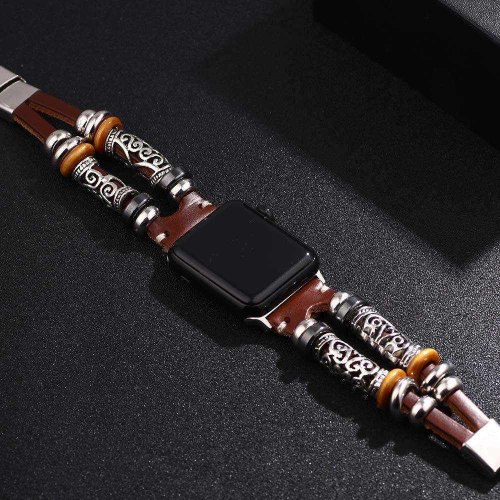 Vintage Leather Apple Watch Band - Boho Style Multilayer Bracelet Compatible with Apple Watch Series 3/4/5/6/SE | Perfect for Casual Wear, Office & Boho Fashion Outfits