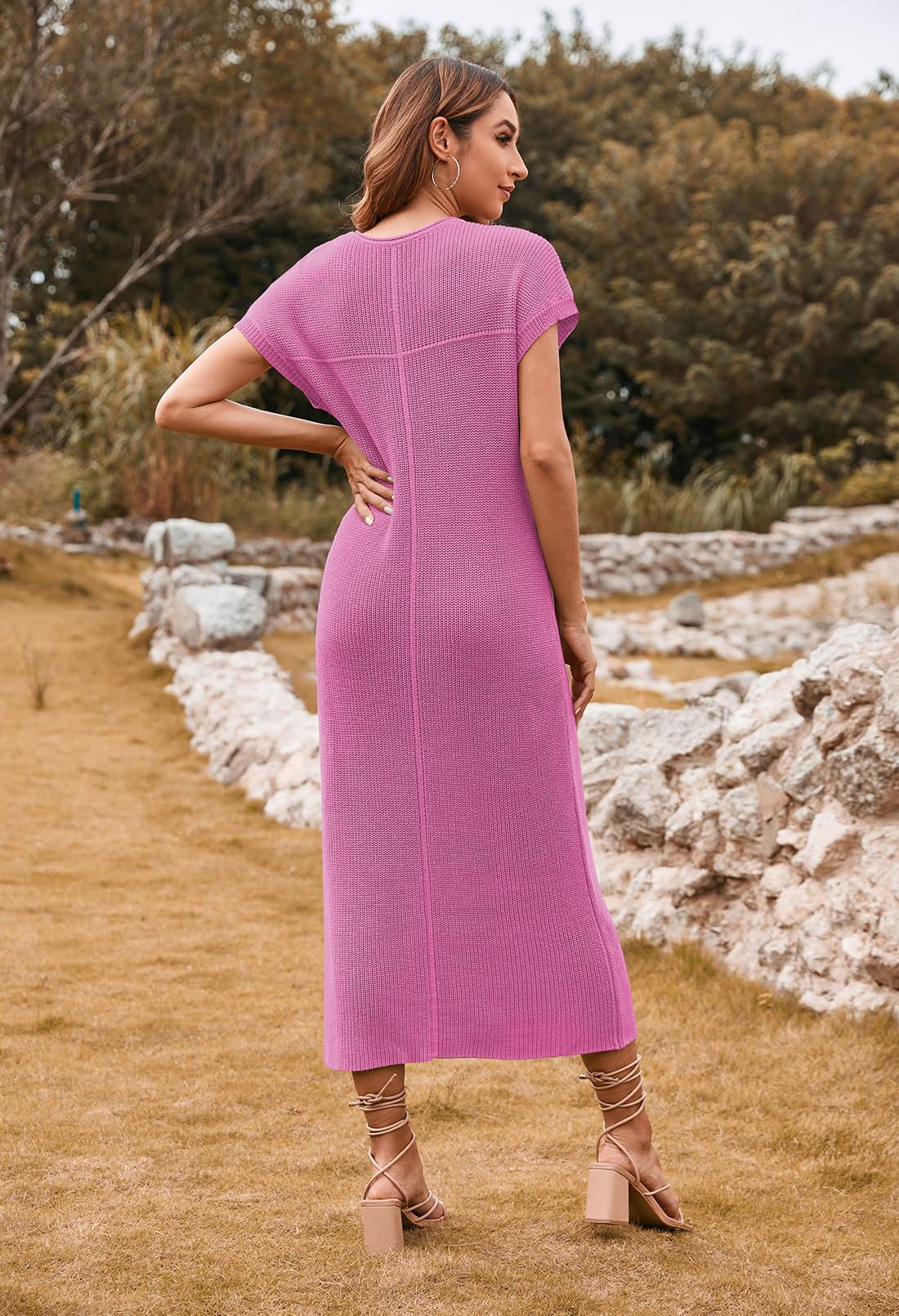 Pink Queen Women's Casual V-Neck Short Sleeve Loose Side Slit Ribbed Knit Midi Dress - Perfect for Summer Outfits, Beach Vacations & Date Nights