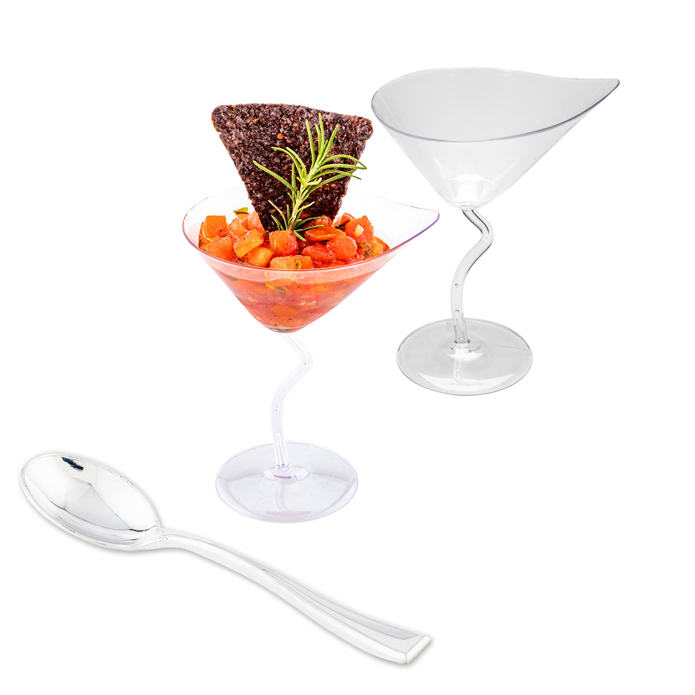 100-Pack 3 oz Clear Plastic Martini Glasses & 100 Silver Mini Plastic Spoons - Perfect for Cocktail Parties, Wedding Favors, and Restaurant Drinkware