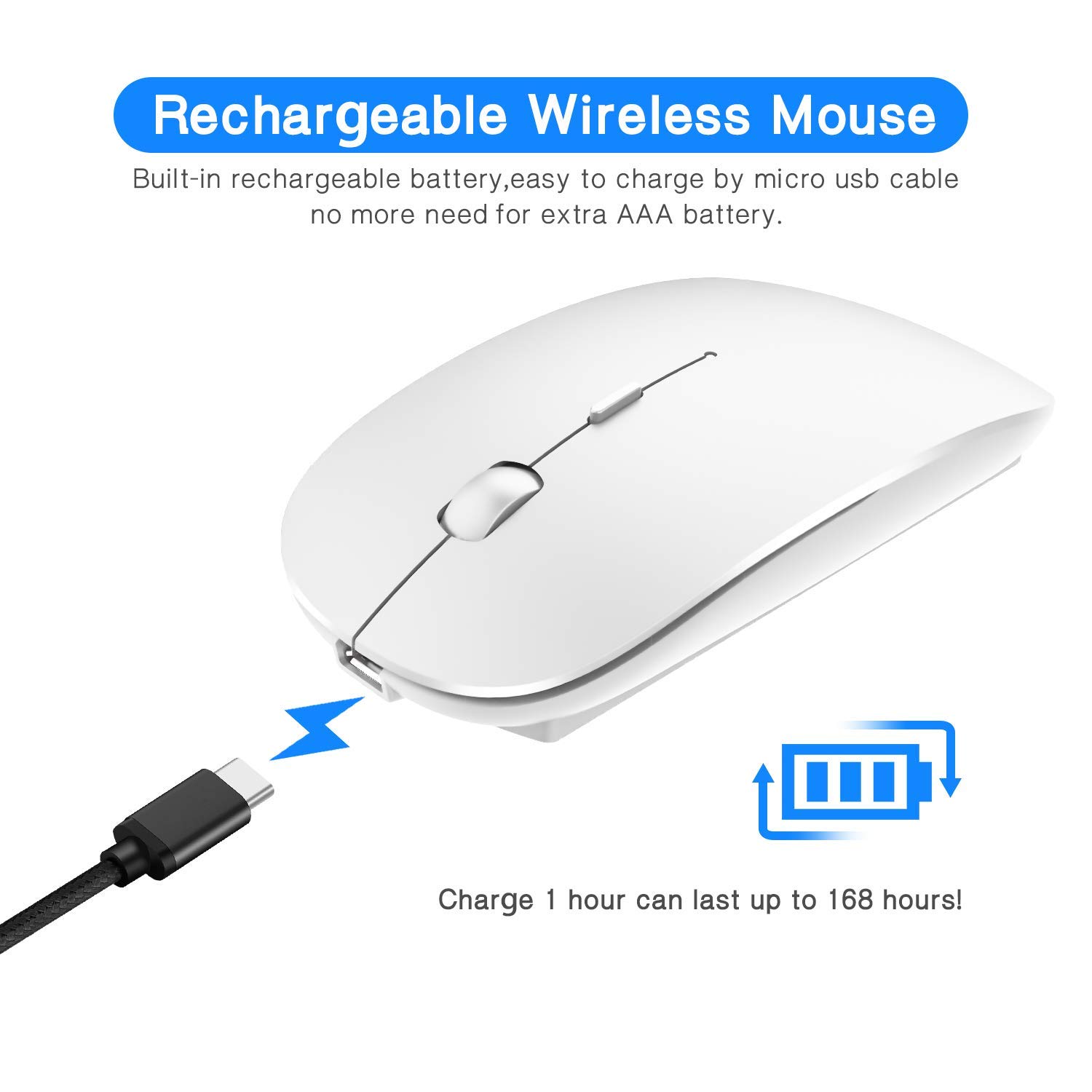 Wireless Bluetooth Mouse for Laptop, MacBook, iPad, PC - Compatible with MacBook Air, MacBook Pro, Windows, Chromebook - Slim Portable Design (White) - Perfect for Office, Home, Travel & Remote Work