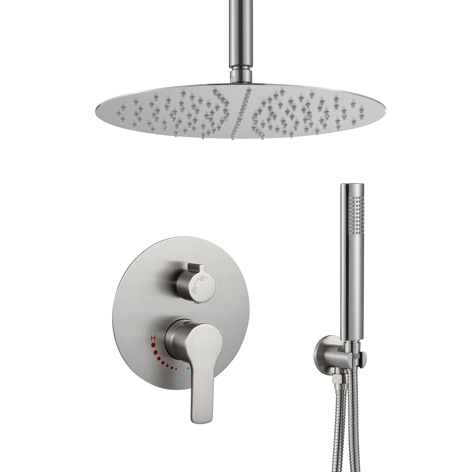 Premium Brushed Nickel Shower Faucet Set - 10 Inch Rainfall Shower Head & Handheld Sprayer with Brass Valve - Modern Bathroom Ceiling Mounted Shower System for Spa-Like Experience