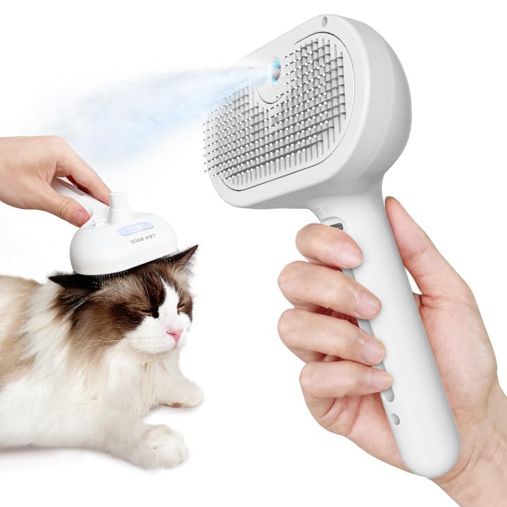 L&W BROS. Cat Steam Brush for Shedding - Self Cleaning Pet Grooming Tool with Misting Function for Long Haired Cats (White) | Gentle Detangling & Hair Removal for Healthy Coat | Perfect for Home Grooming & Shedding Season Care