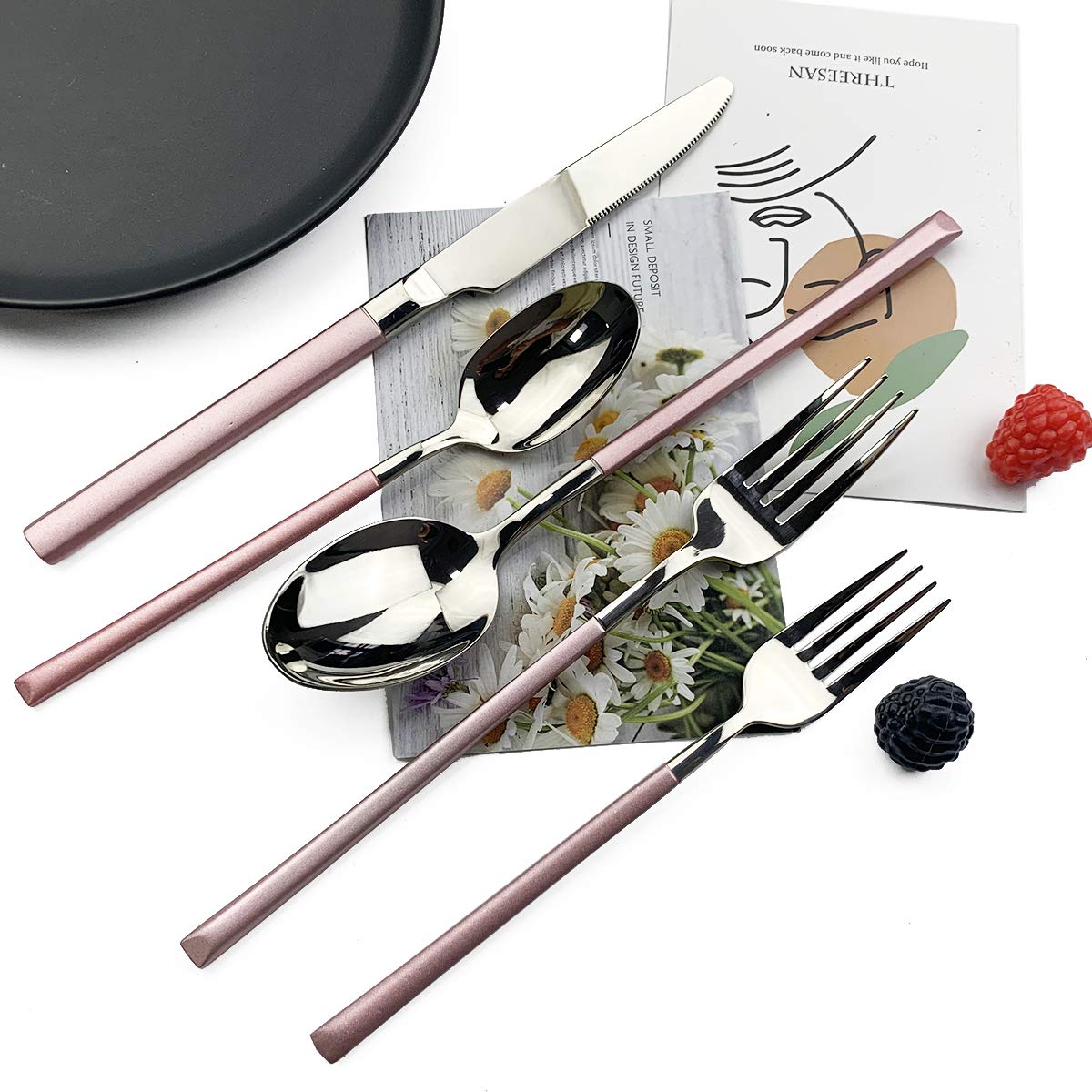 JASHII 5-Piece Modern Silverware Set - 18/10 Stainless Steel Elegant Flatware with Square Edge - Mirror Polished & Dishwasher Safe - Pink Silver - Perfect for Everyday Dining, Dinner Parties & Gift Giving