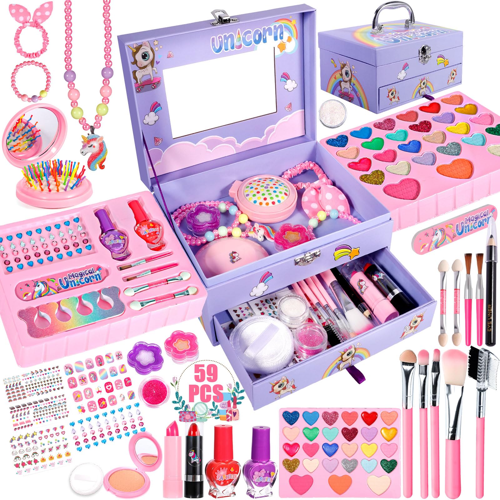 PurpleDi 59-Piece Washable Kids Makeup Kit - Princess Gift for Girls 3-10 Years, Birthday Toy & Playtime Fun