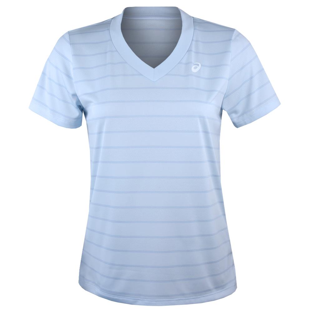 ASICS Women's Court Stripe Top - Soft Sky Blue Tennis Shirt | Breathable Athletic Tee for Running, Gym & Casual Wear