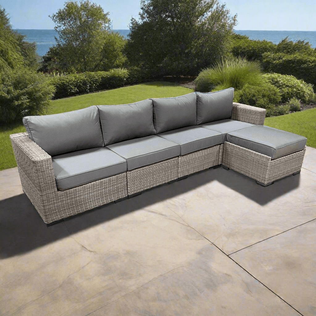 Grey Riviera Outdoor Patio Wicker Large Sectional Sofa with Sunbrella Canvas Charcoal Cushions - Perfect for Backyard, Poolside, and Garden Relaxation