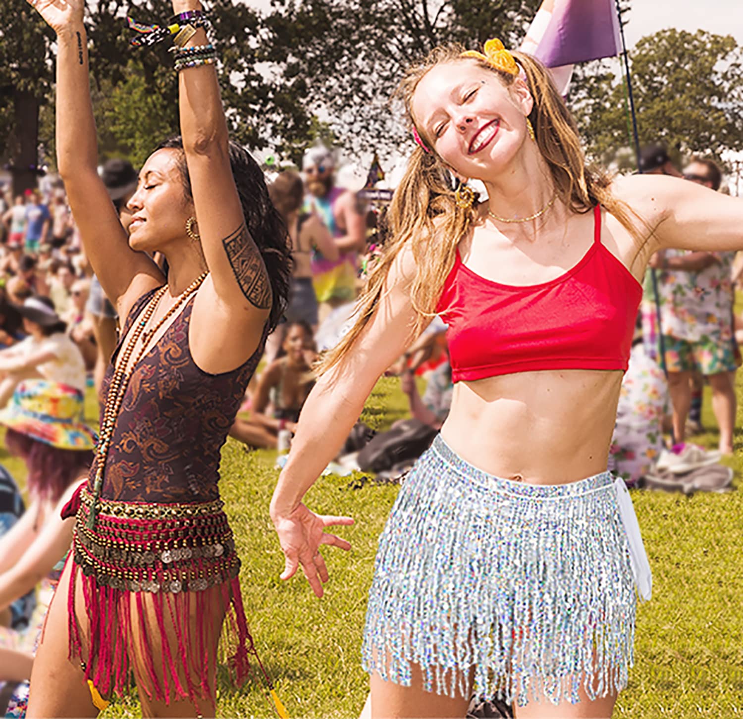 Women's Belly Dance Skirt with Sequins & Tassel Fringe - Sparkly Rave Skirt for Festival, Performance & Dance Costume - Hip Scarf for Belly Dancing & Boho Outfits