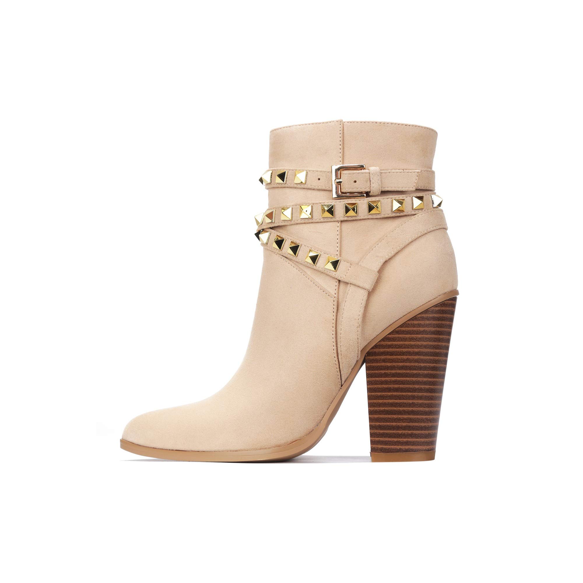 Cape Robbin Women's Classic Ankle Boots with Chunky Block Heels & Studded Ankle Strap - Stylish Booties for Fall Fashion, Office Wear & Night Out