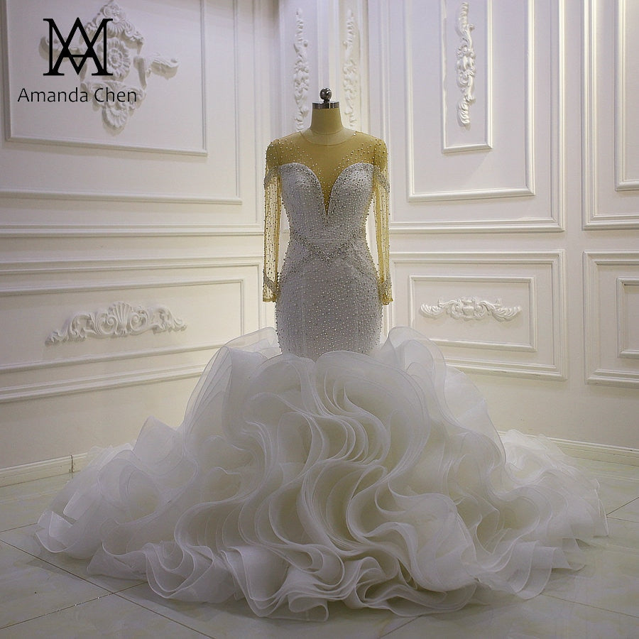 Luxury Long Sleeve Handmade Pearl Embellished Ruffle Mermaid Wedding Dress AM969 - Perfect for Bridal Gowns, Formal Occasions & Evening Galas