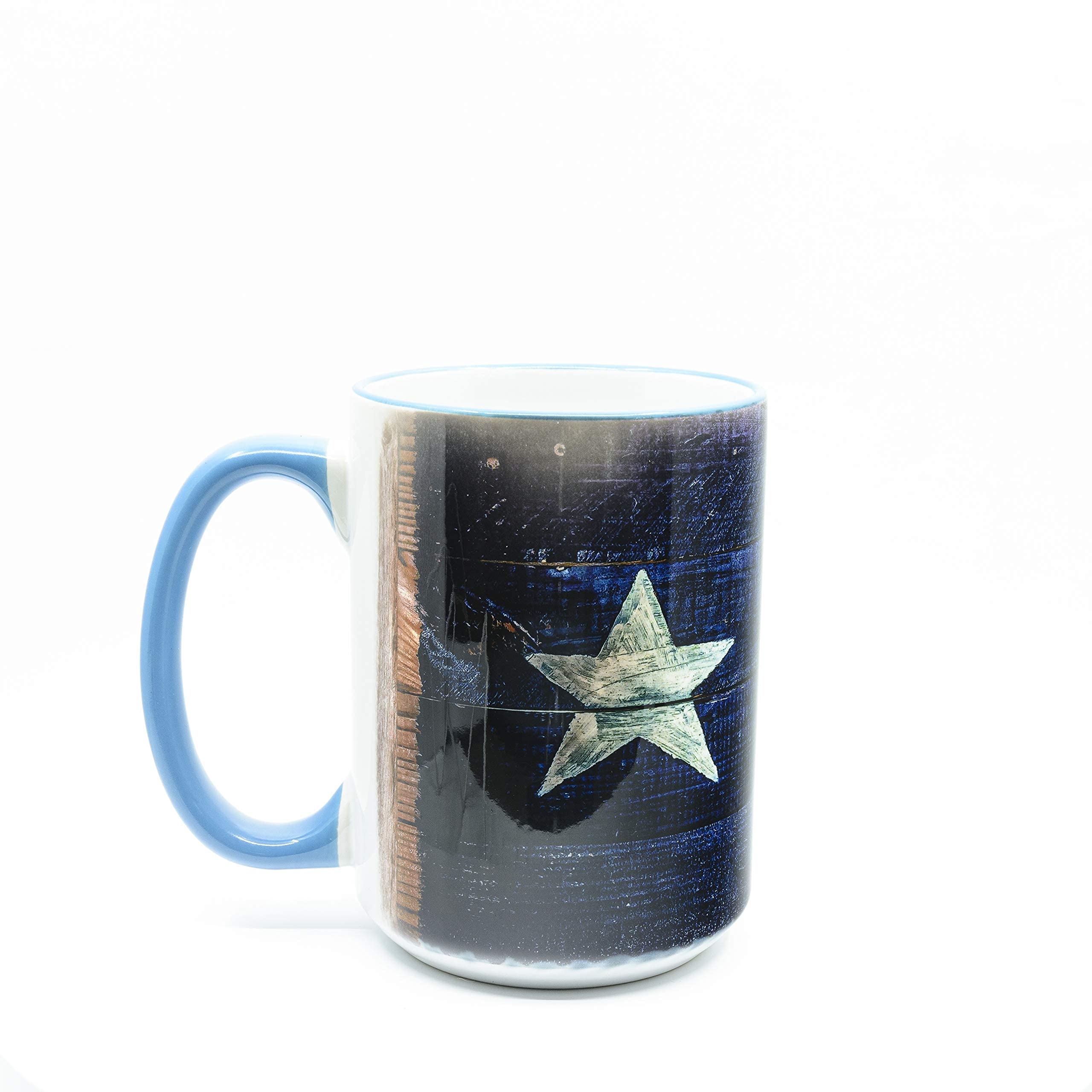 15 oz Texas Flag Ceramic Coffee Mug - Rustic Texas Sky Blue Rim Gift Mug for Home, Office & Travel | Perfect for Coffee, Tea & Hot Beverages