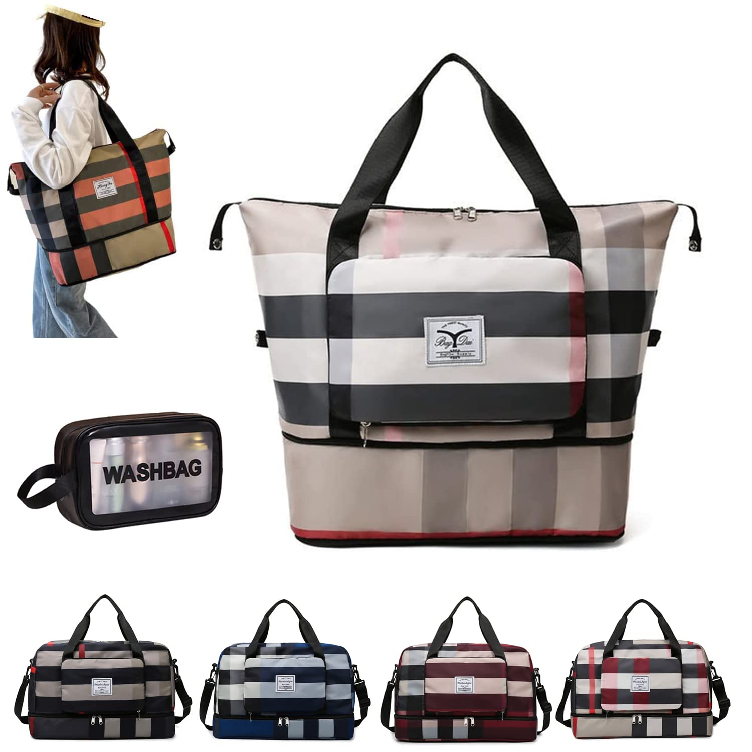 Foldable Dry/Wet Separation Travel Bag - Large Capacity Lightweight Waterproof Duffel for Women | Expandable Tote Gym Bag (Khaki) | Perfect for Travel, Gym, Beach & Weekend Getaways