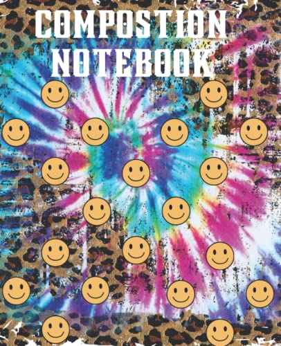 Preppy Composition Notebook with Smiley Face Design - Tie Dye & Leopard Print Cover for Teen Girls | Perfect for School, Journaling & Note Taking