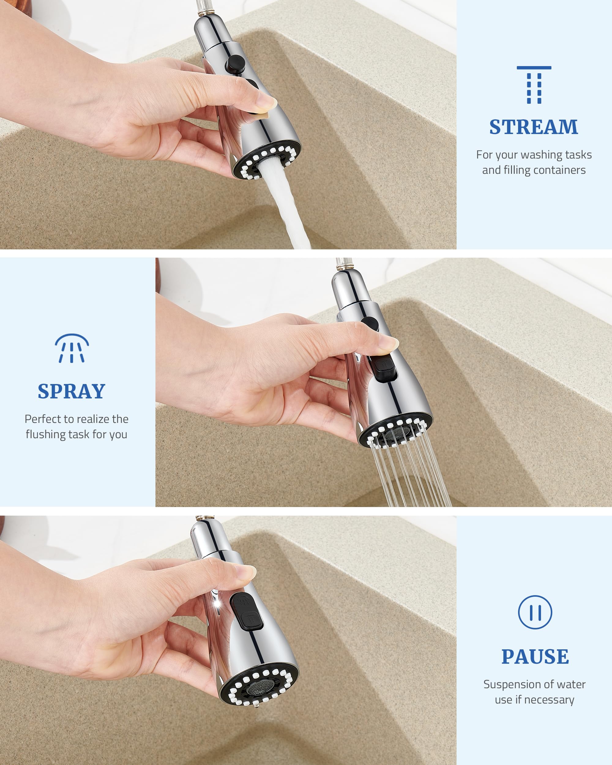 **15-in-1 Kitchen Faucet Spray Head Replacement with 3 Spray Modes - Pull Down & Pull Out Faucet Nozzle for Sink, Chrome Finish | Perfect for Dishwashing, Vegetable Rinsing & Counter Cleaning**
